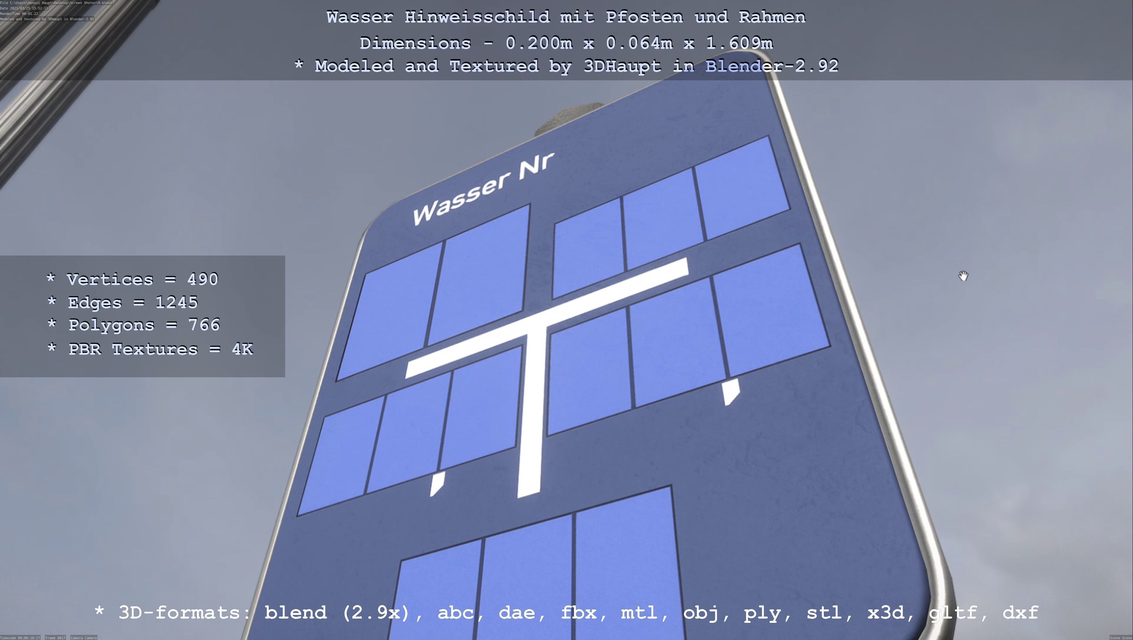 Hinweisschild Wasser mit Pfosten und Rahmen Low-poly 3D model_47