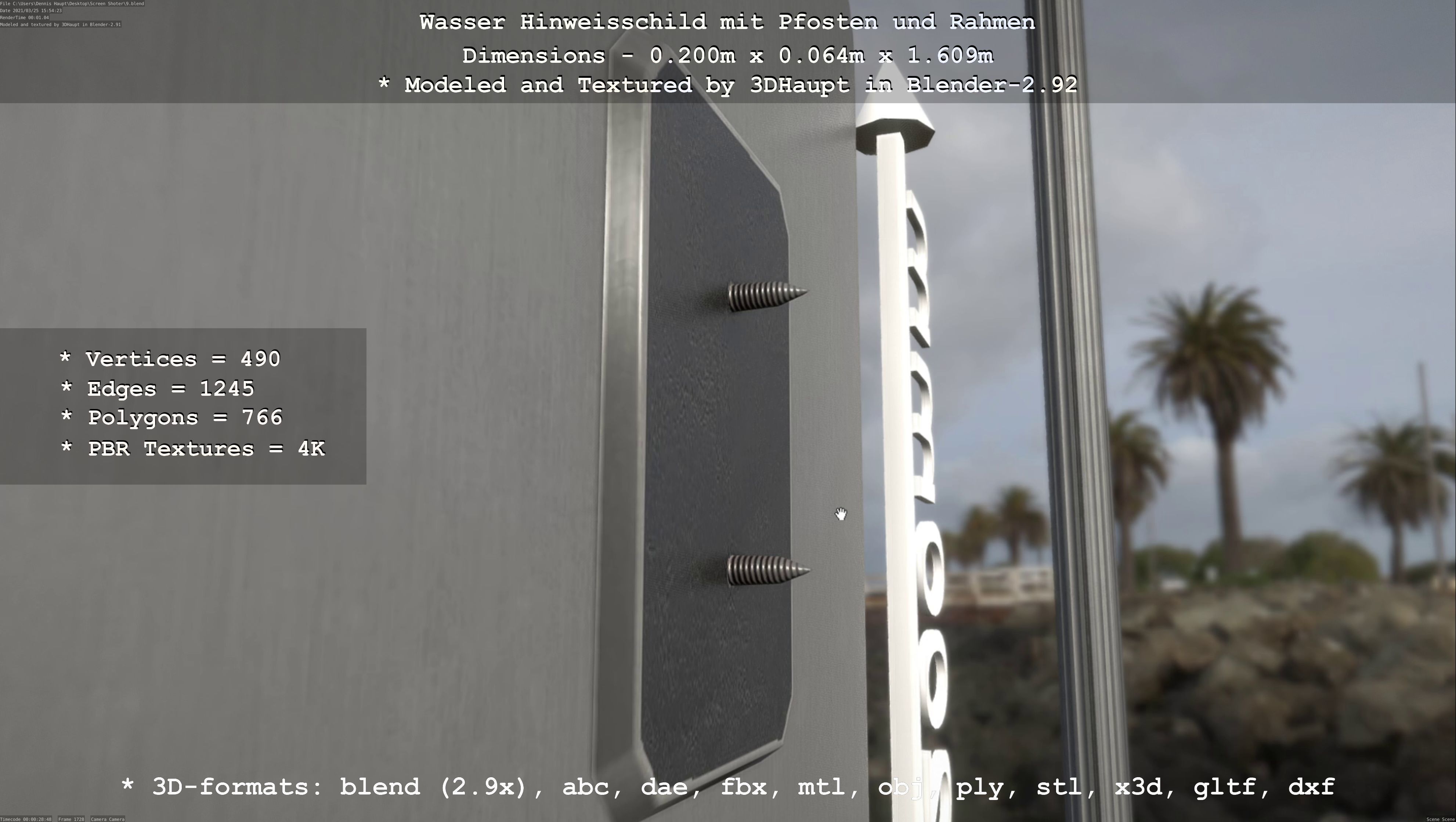 Hinweisschild Wasser mit Pfosten und Rahmen Low-poly 3D model_10