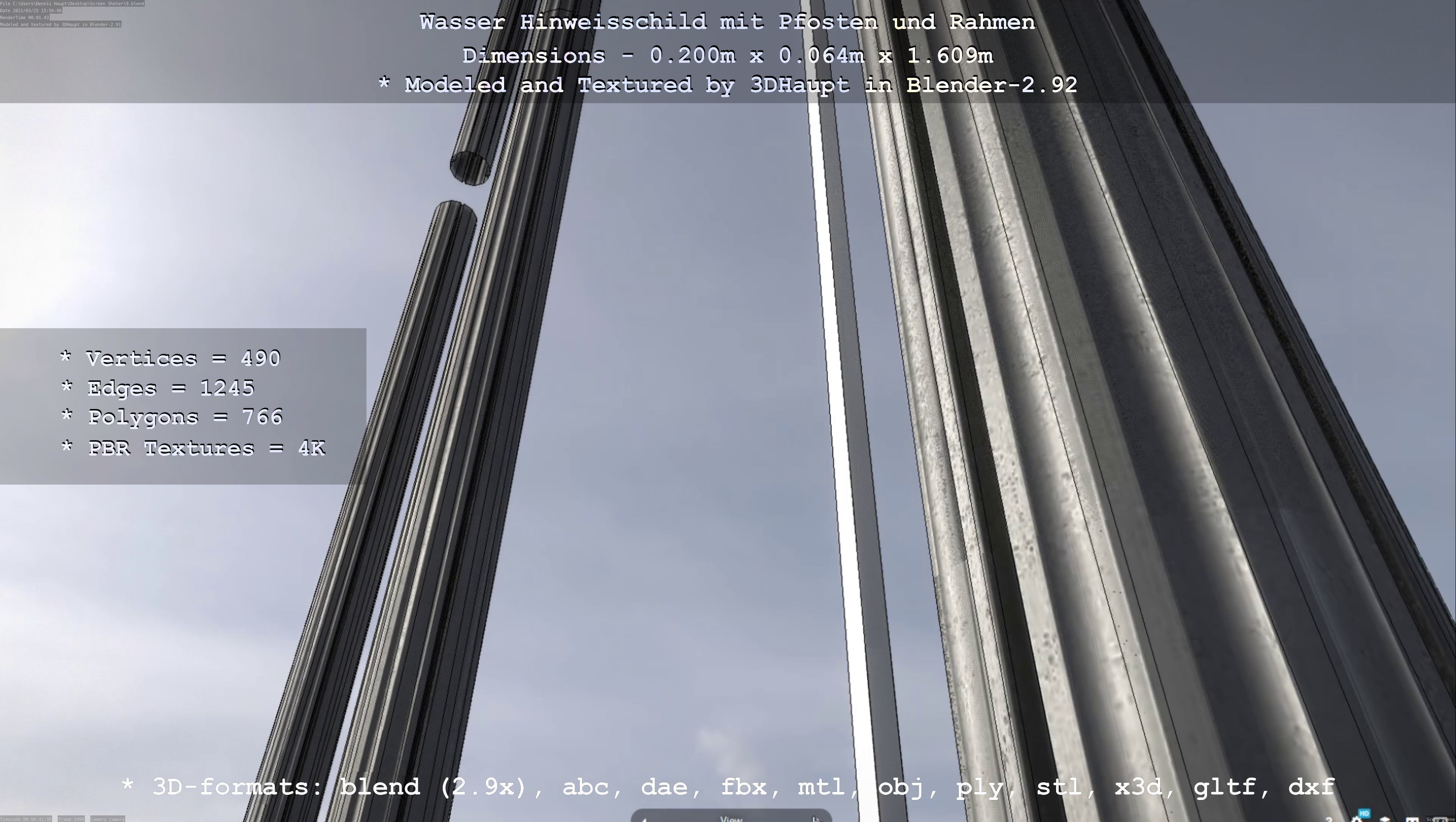 Hinweisschild Wasser mit Pfosten und Rahmen Low-poly 3D model_19