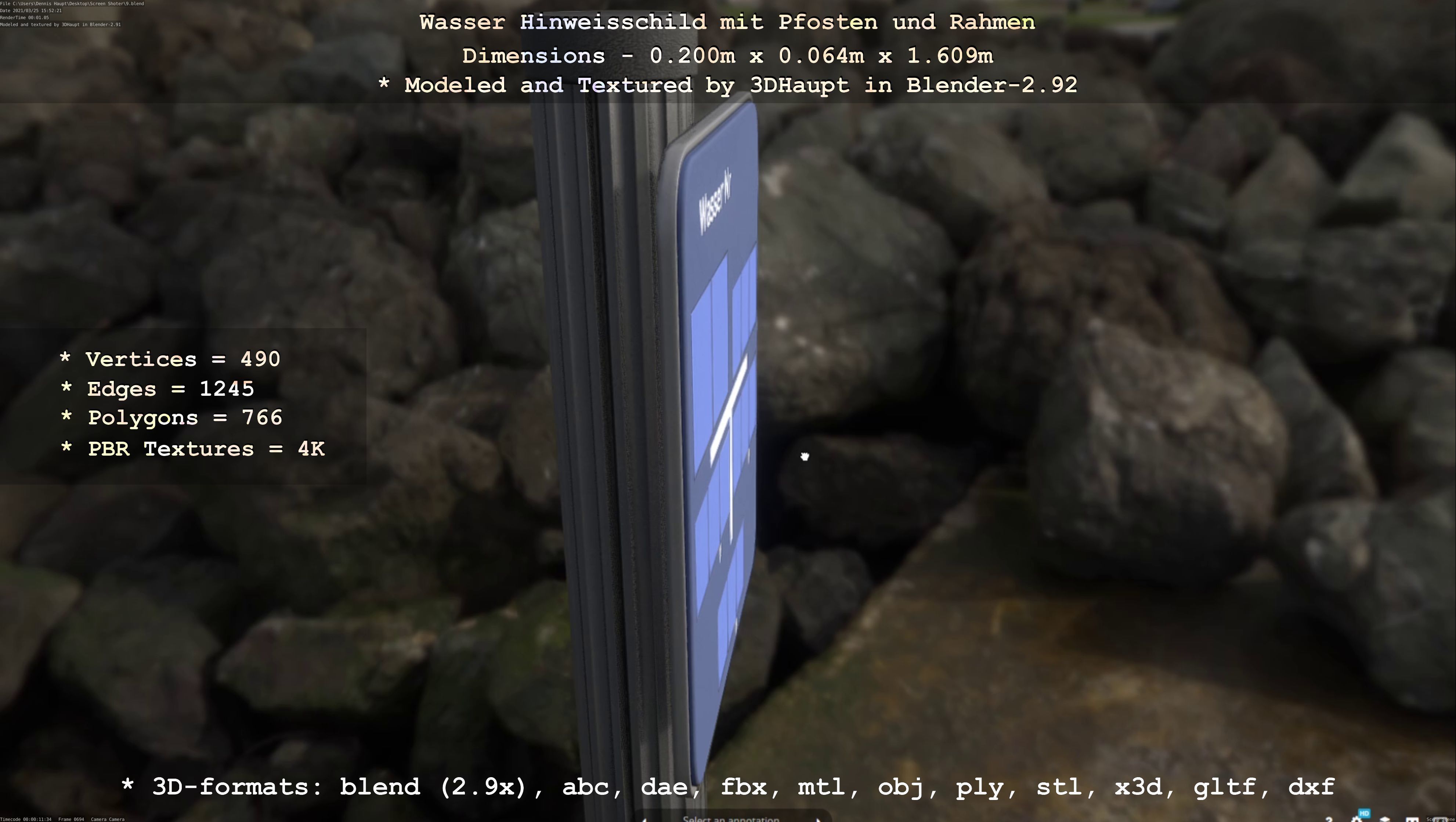 Hinweisschild Wasser mit Pfosten und Rahmen Low-poly 3D model_37