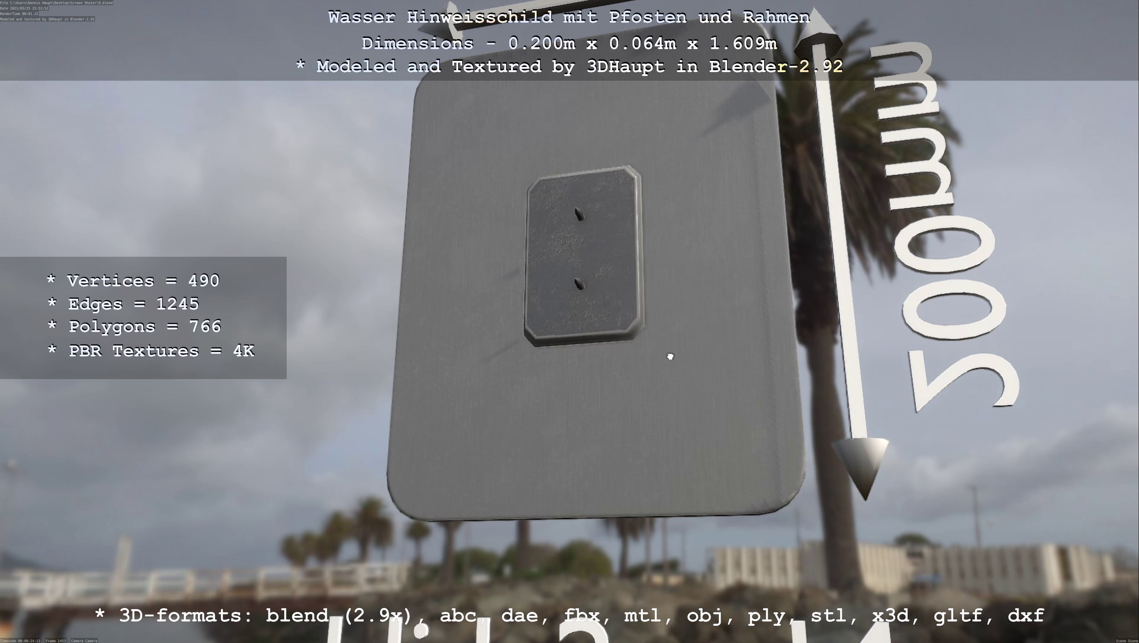 Hinweisschild Wasser mit Pfosten und Rahmen Low-poly 3D model_79