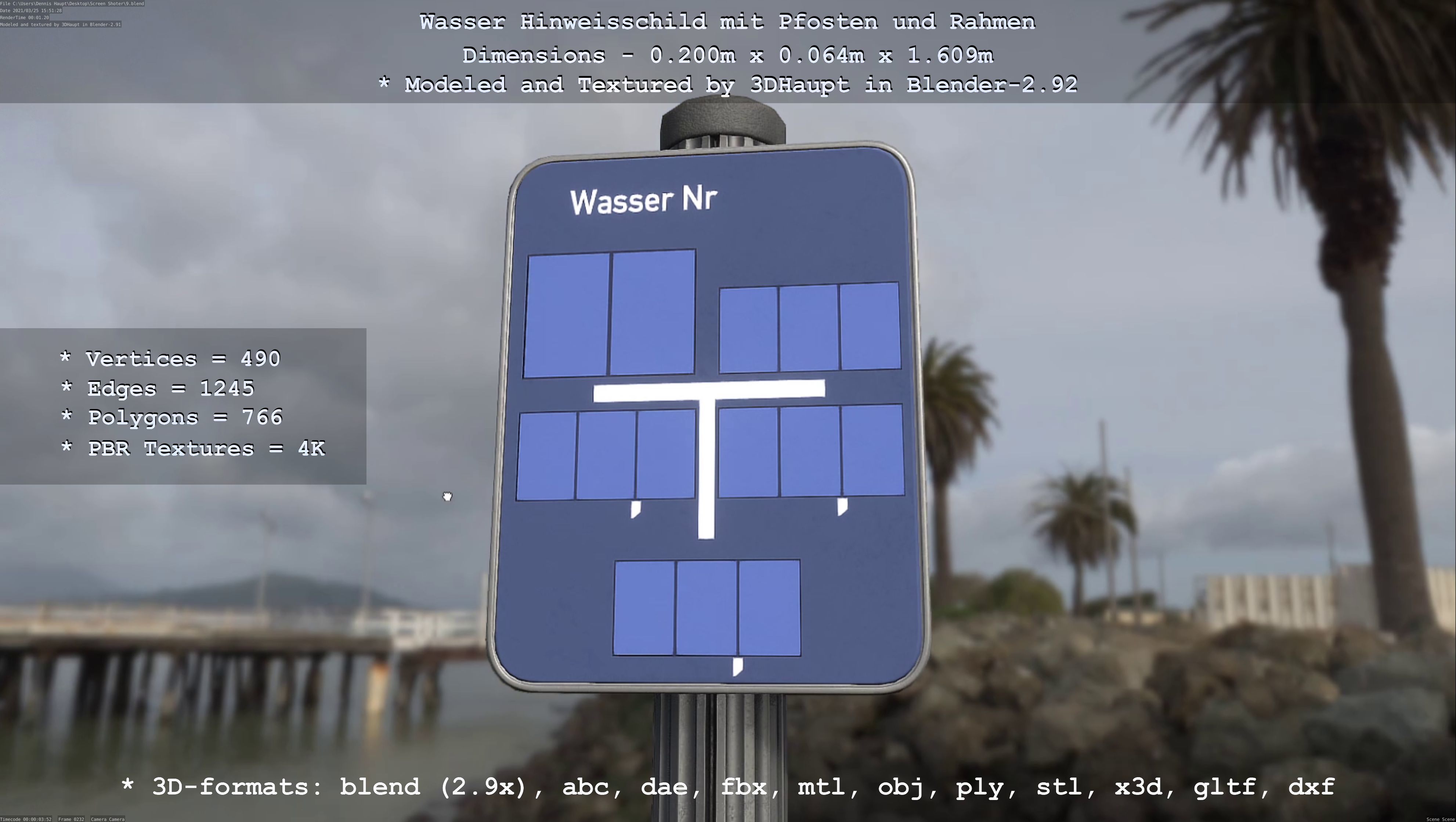 Hinweisschild Wasser mit Pfosten und Rahmen Low-poly 3D model_93
