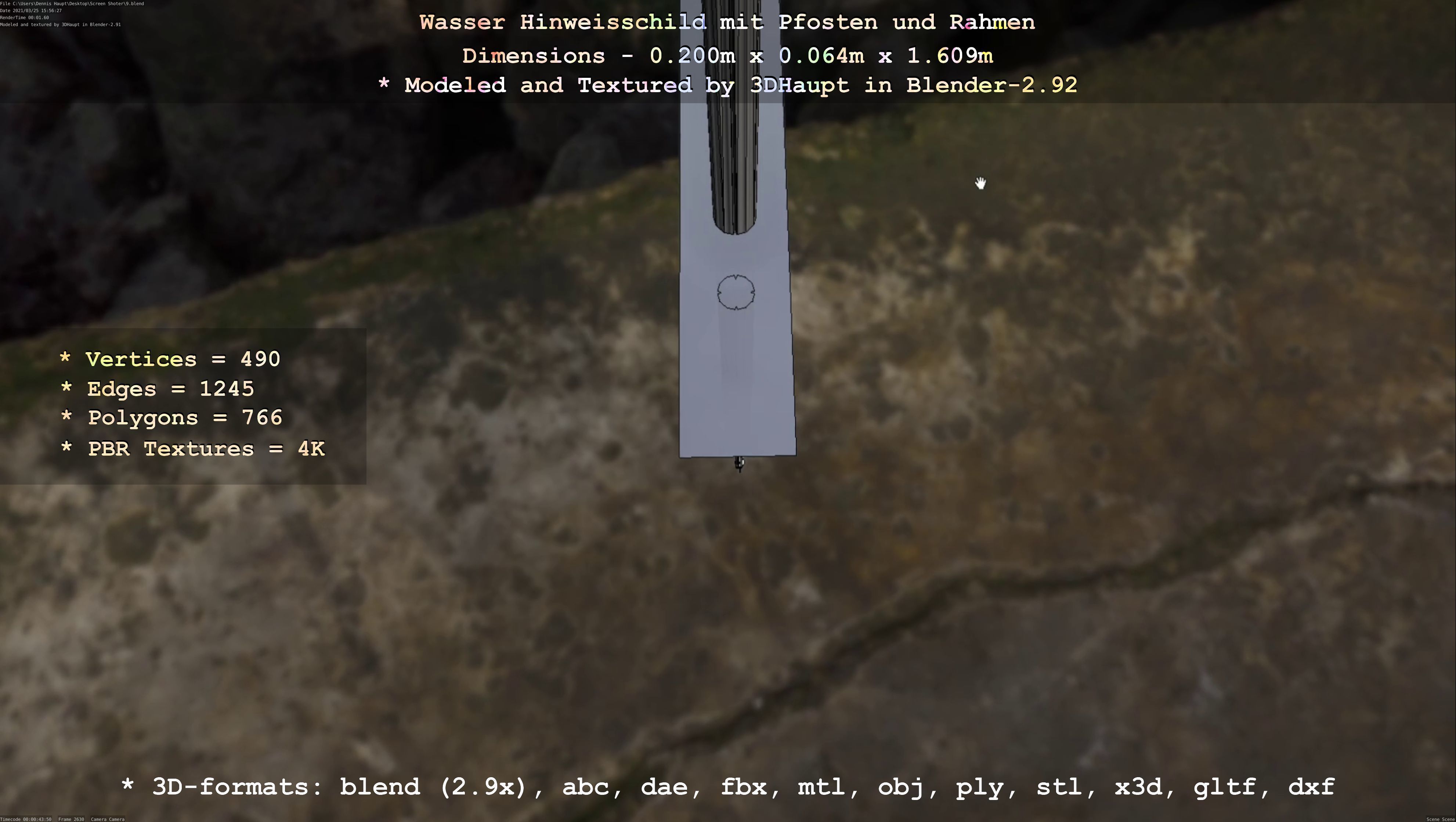 Hinweisschild Wasser mit Pfosten und Rahmen Low-poly 3D model_121