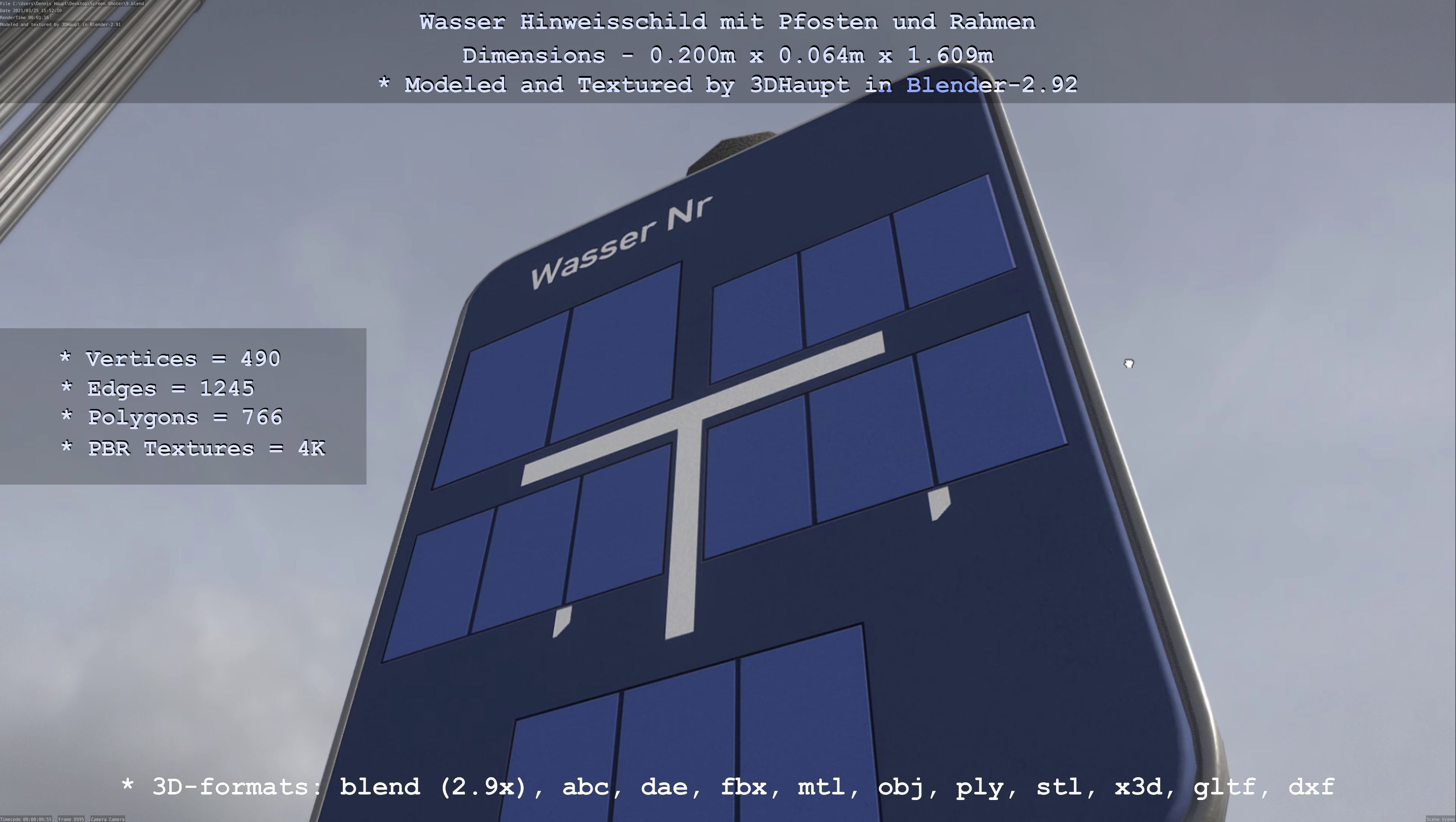 Hinweisschild Wasser mit Pfosten und Rahmen Low-poly 3D model_45