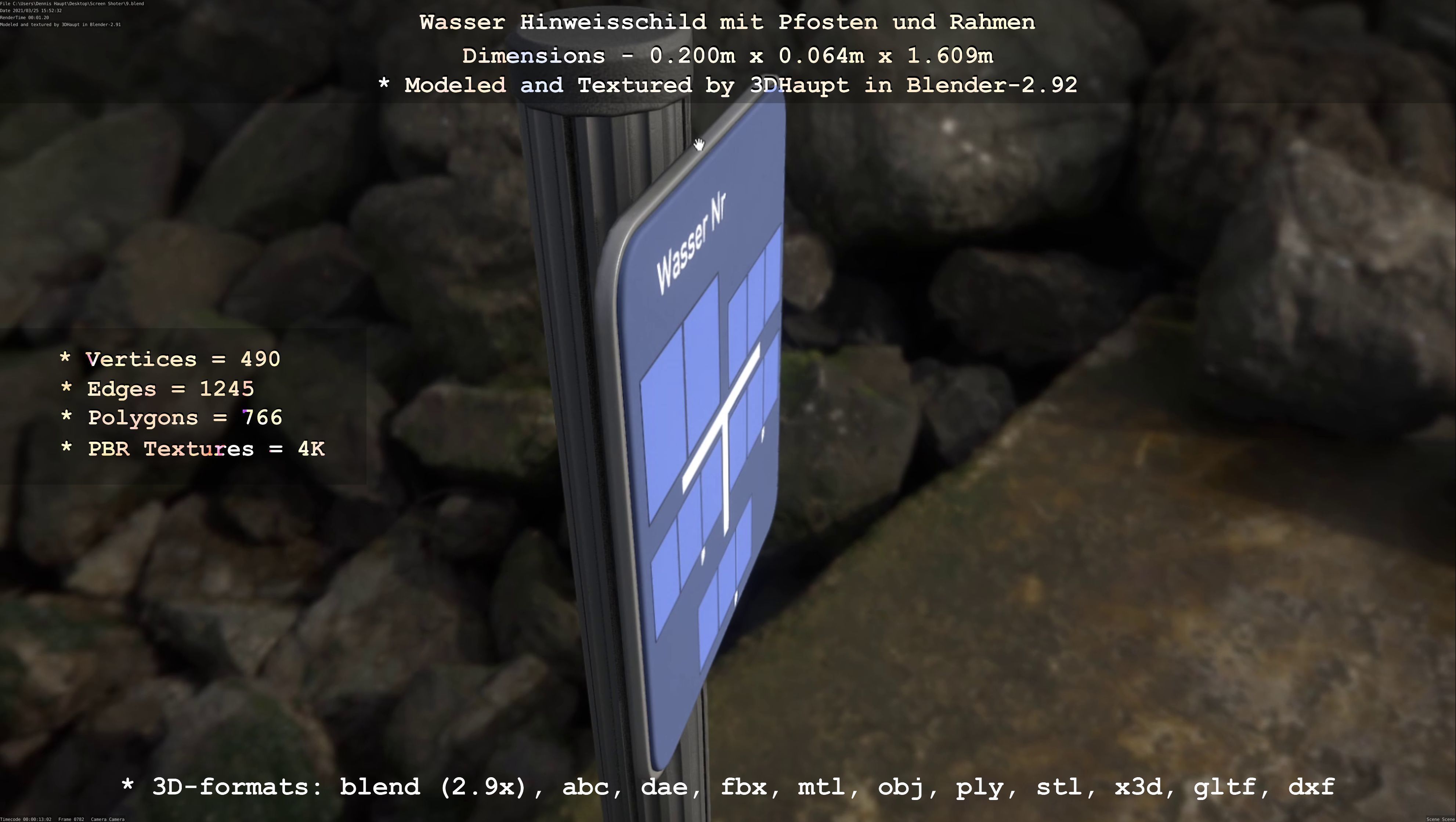 Hinweisschild Wasser mit Pfosten und Rahmen Low-poly 3D model_53