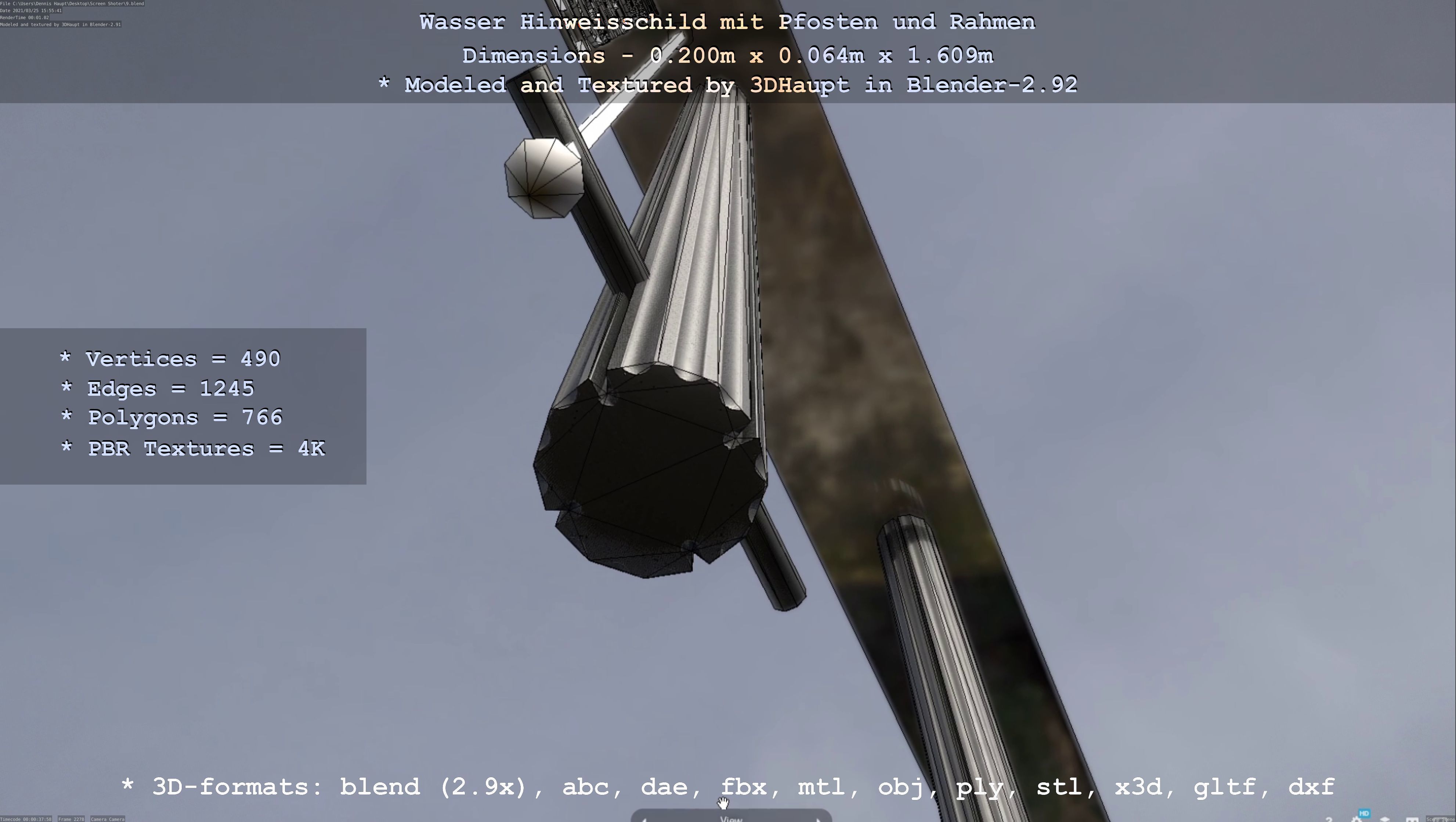 Hinweisschild Wasser mit Pfosten und Rahmen Low-poly 3D model_110