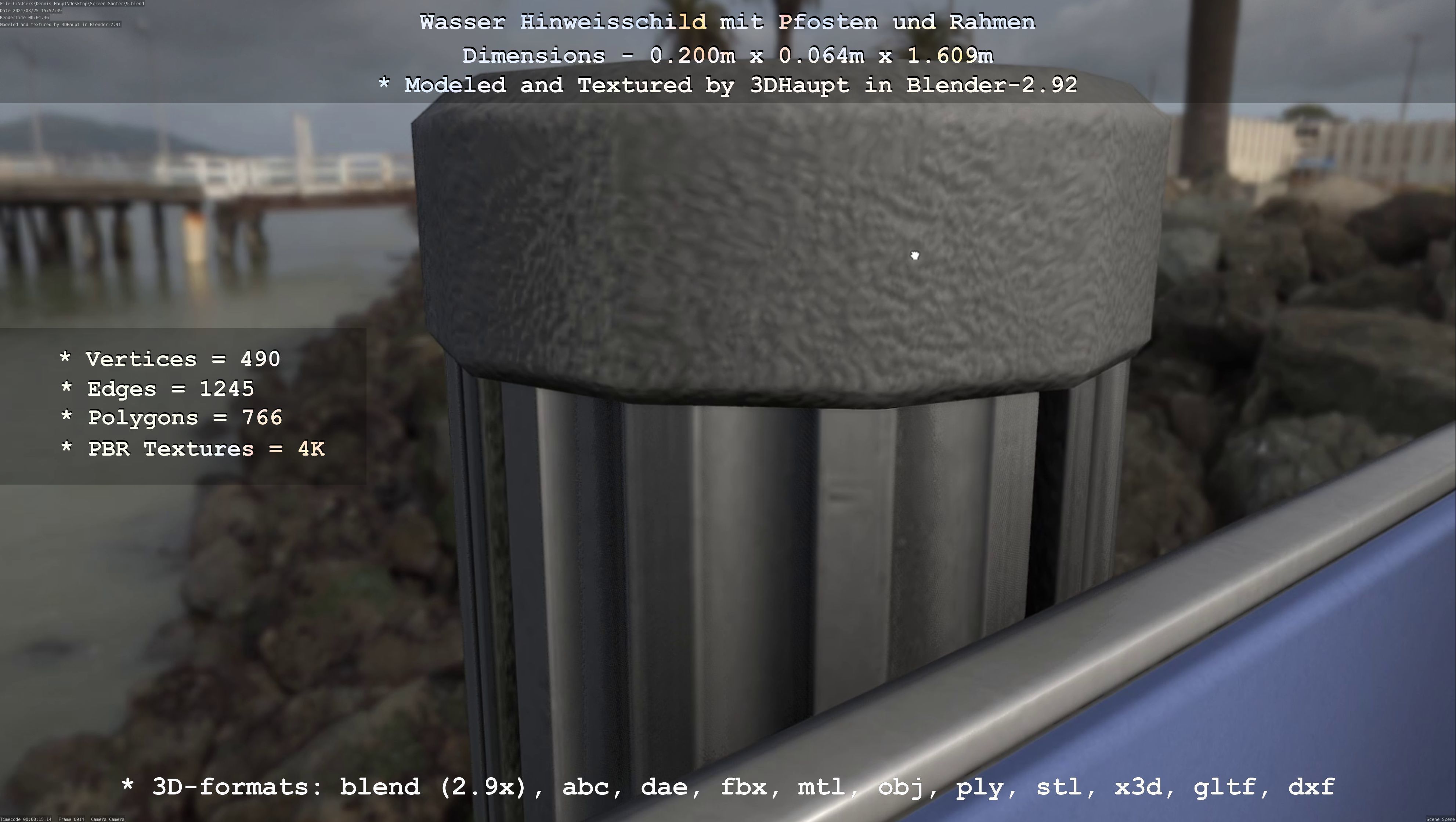 Hinweisschild Wasser mit Pfosten und Rahmen Low-poly 3D model_4