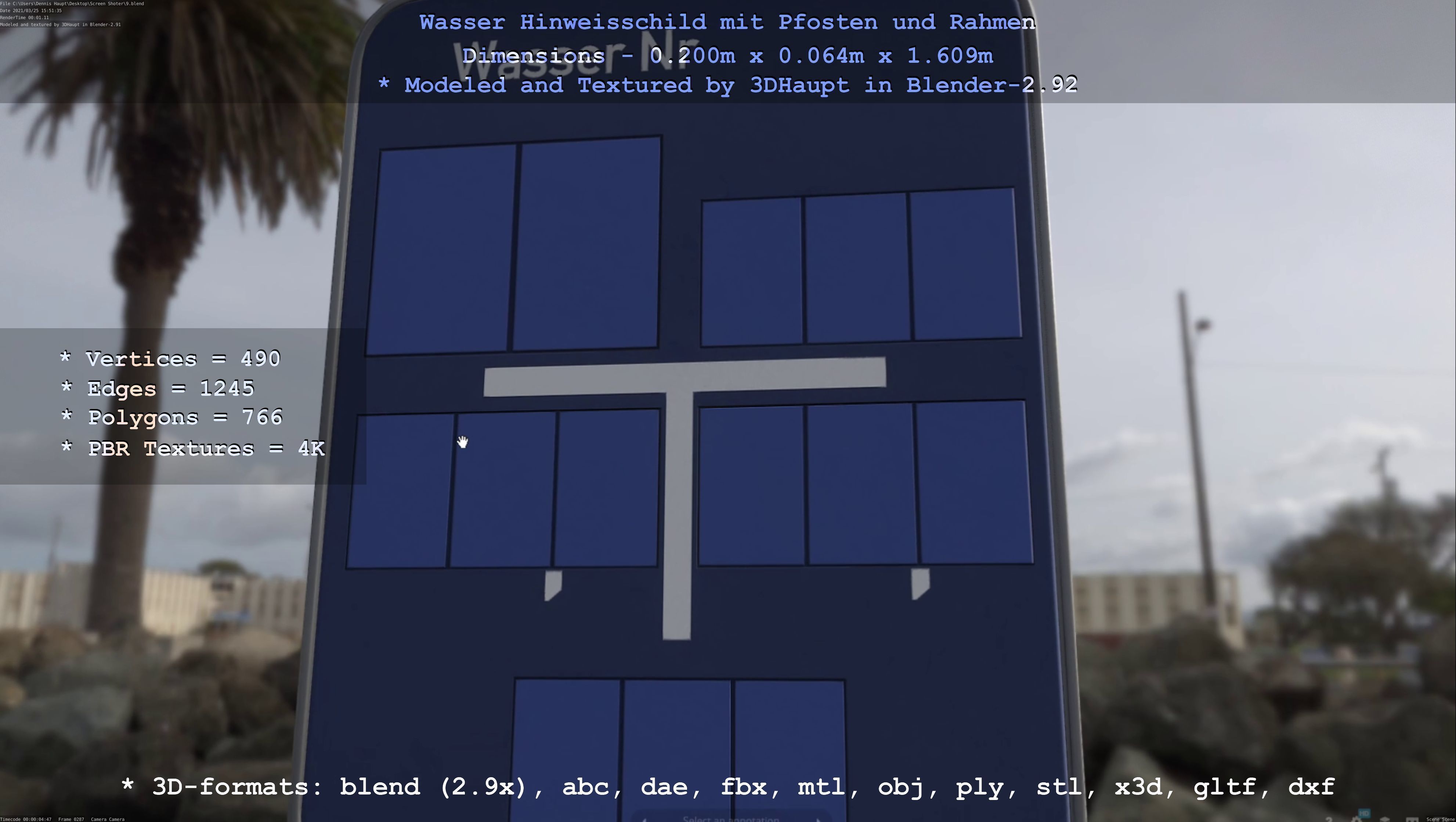 Hinweisschild Wasser mit Pfosten und Rahmen Low-poly 3D model_104