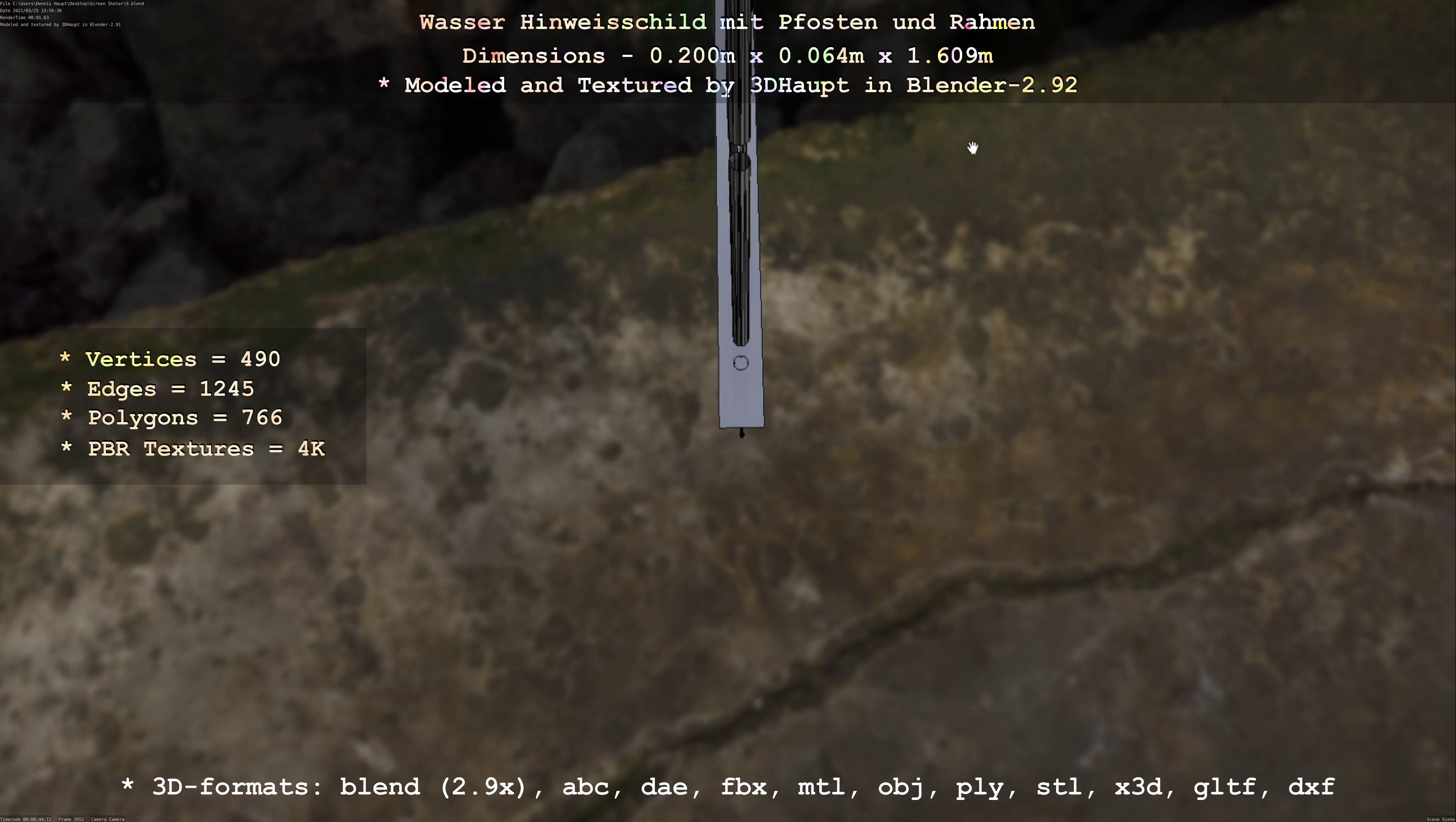 Hinweisschild Wasser mit Pfosten und Rahmen Low-poly 3D model_123