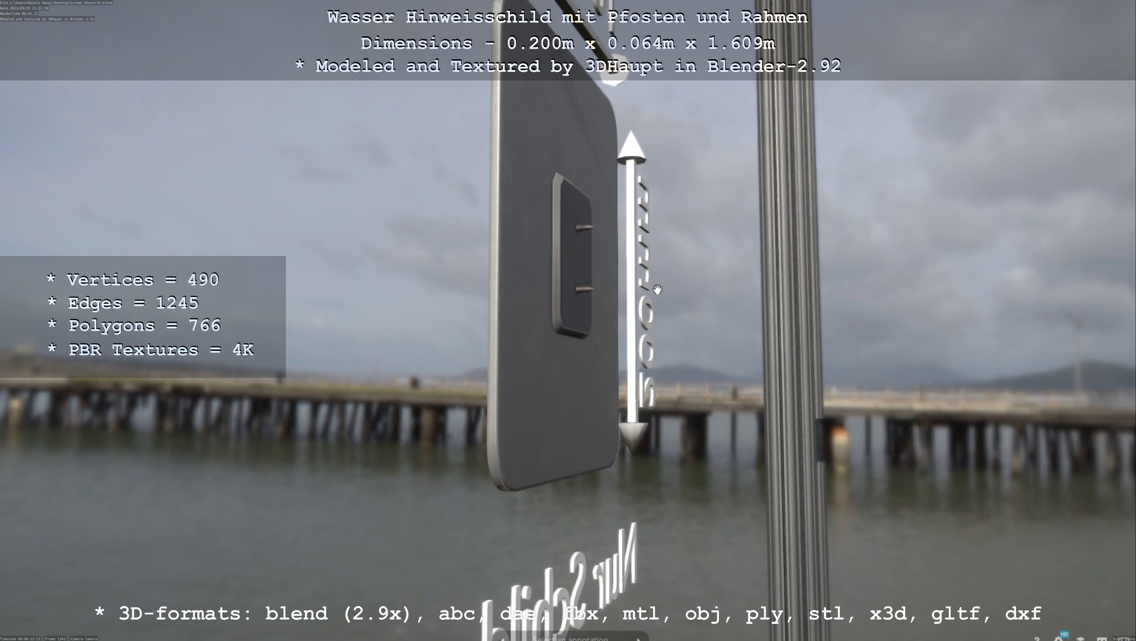 Hinweisschild Wasser mit Pfosten und Rahmen Low-poly 3D model_75