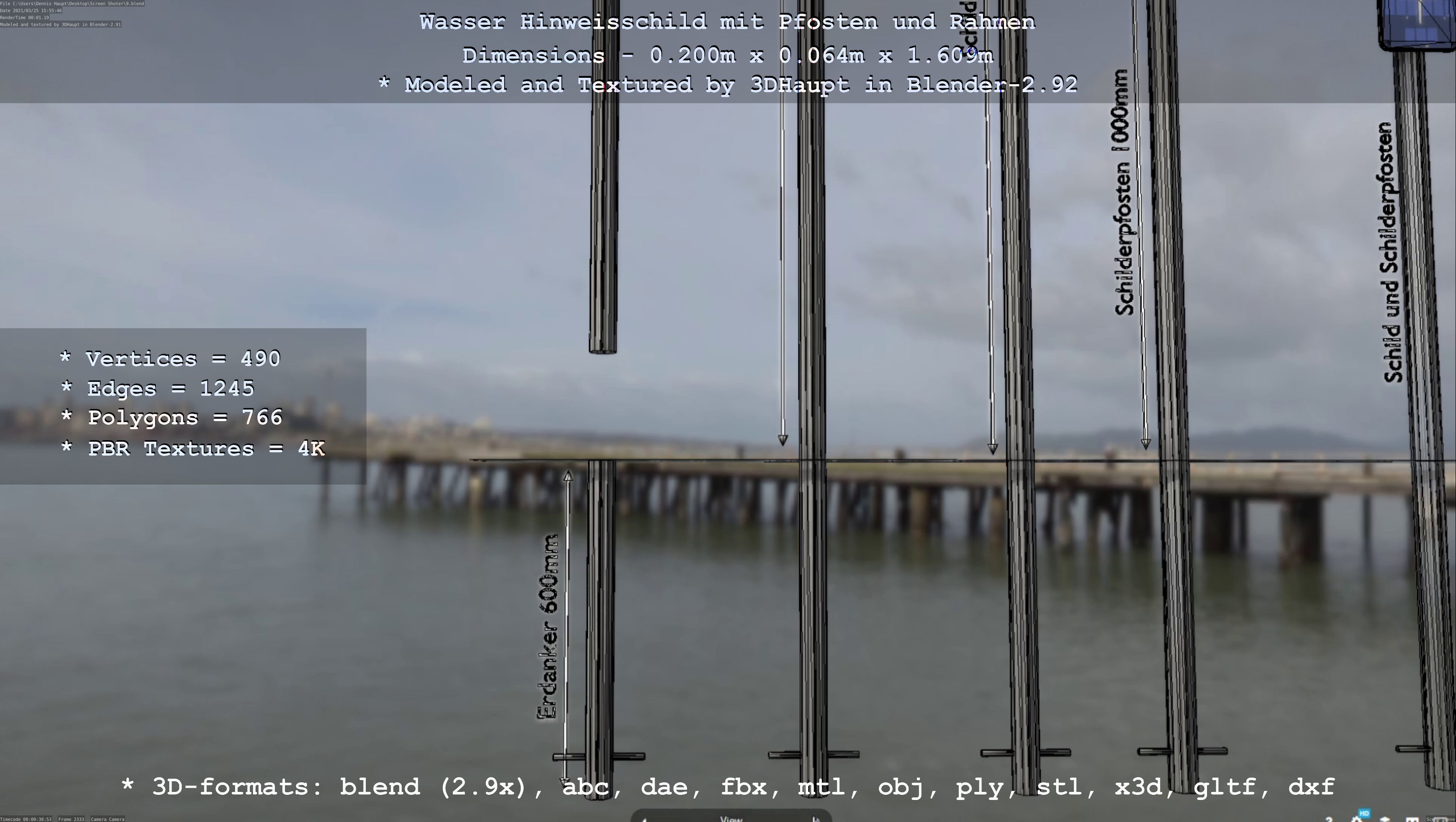 Hinweisschild Wasser mit Pfosten und Rahmen Low-poly 3D model_112