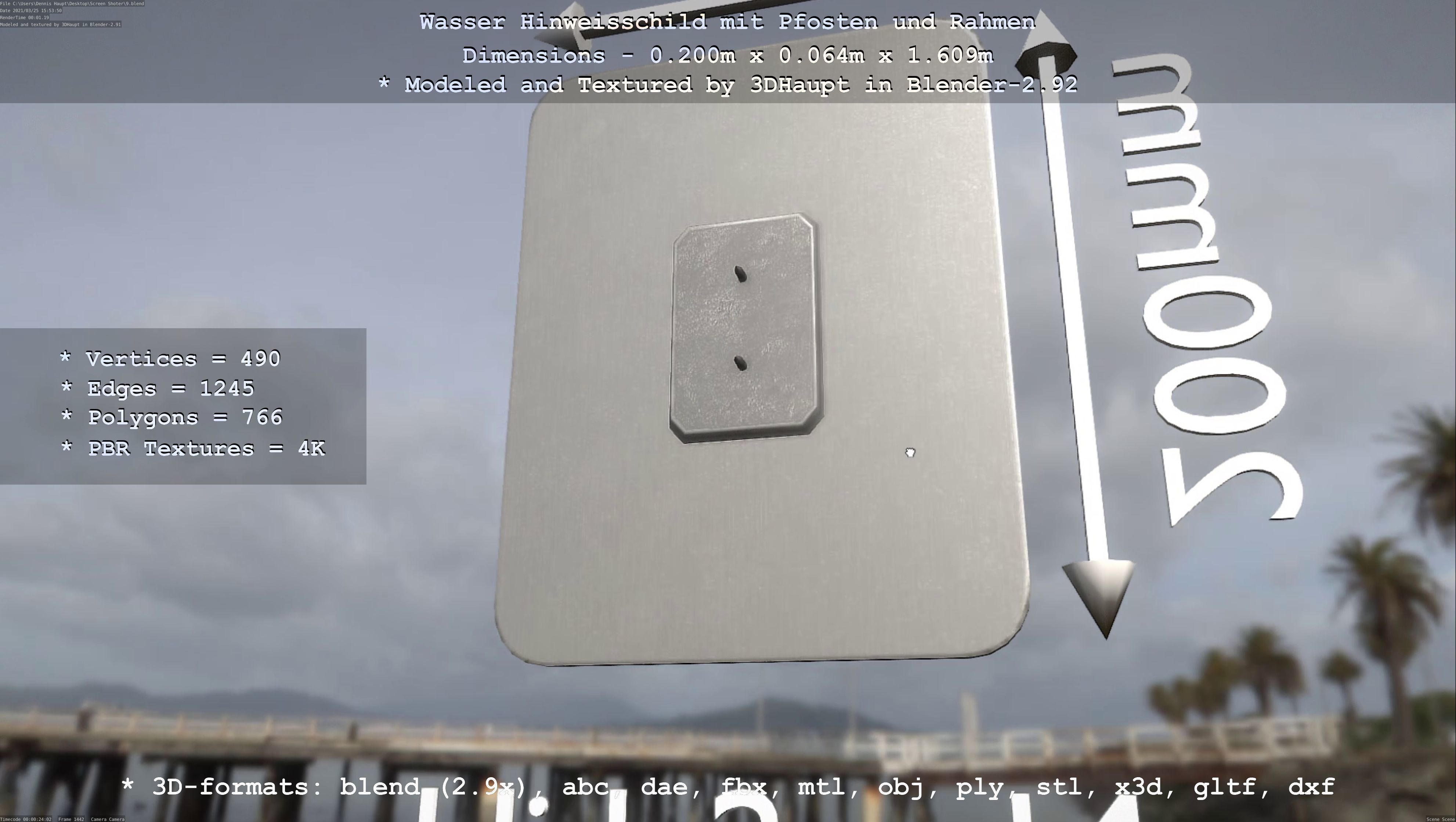 Hinweisschild Wasser mit Pfosten und Rahmen Low-poly 3D model_9