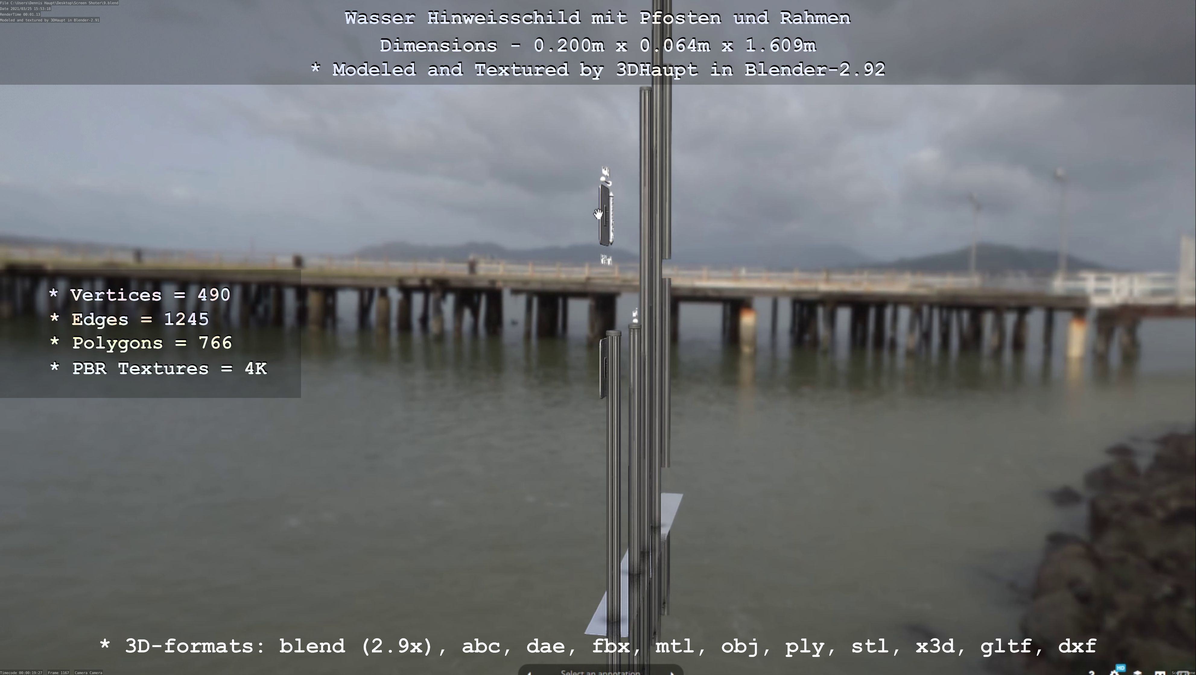 Hinweisschild Wasser mit Pfosten und Rahmen Low-poly 3D model_67