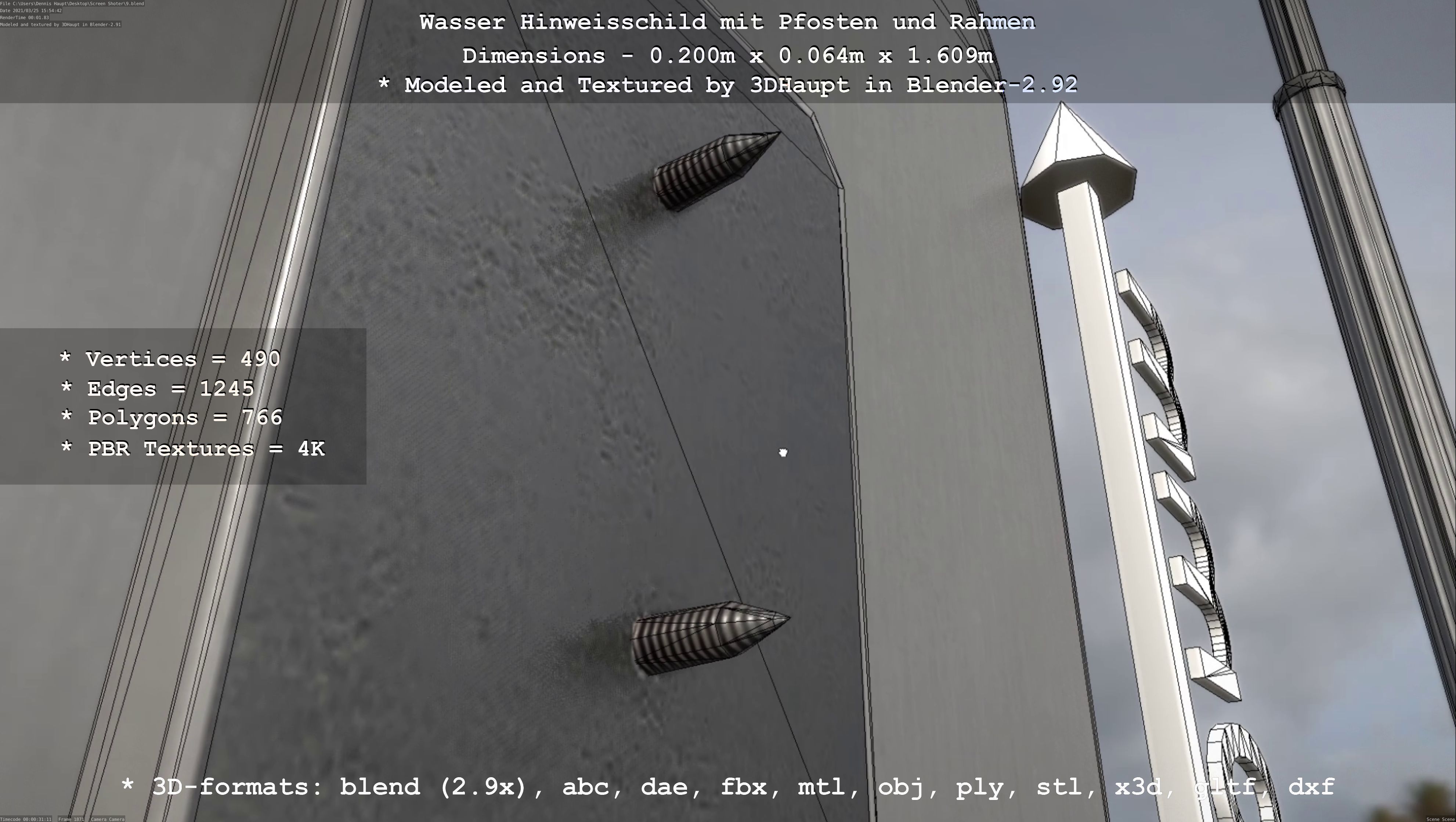Hinweisschild Wasser mit Pfosten und Rahmen Low-poly 3D model_94