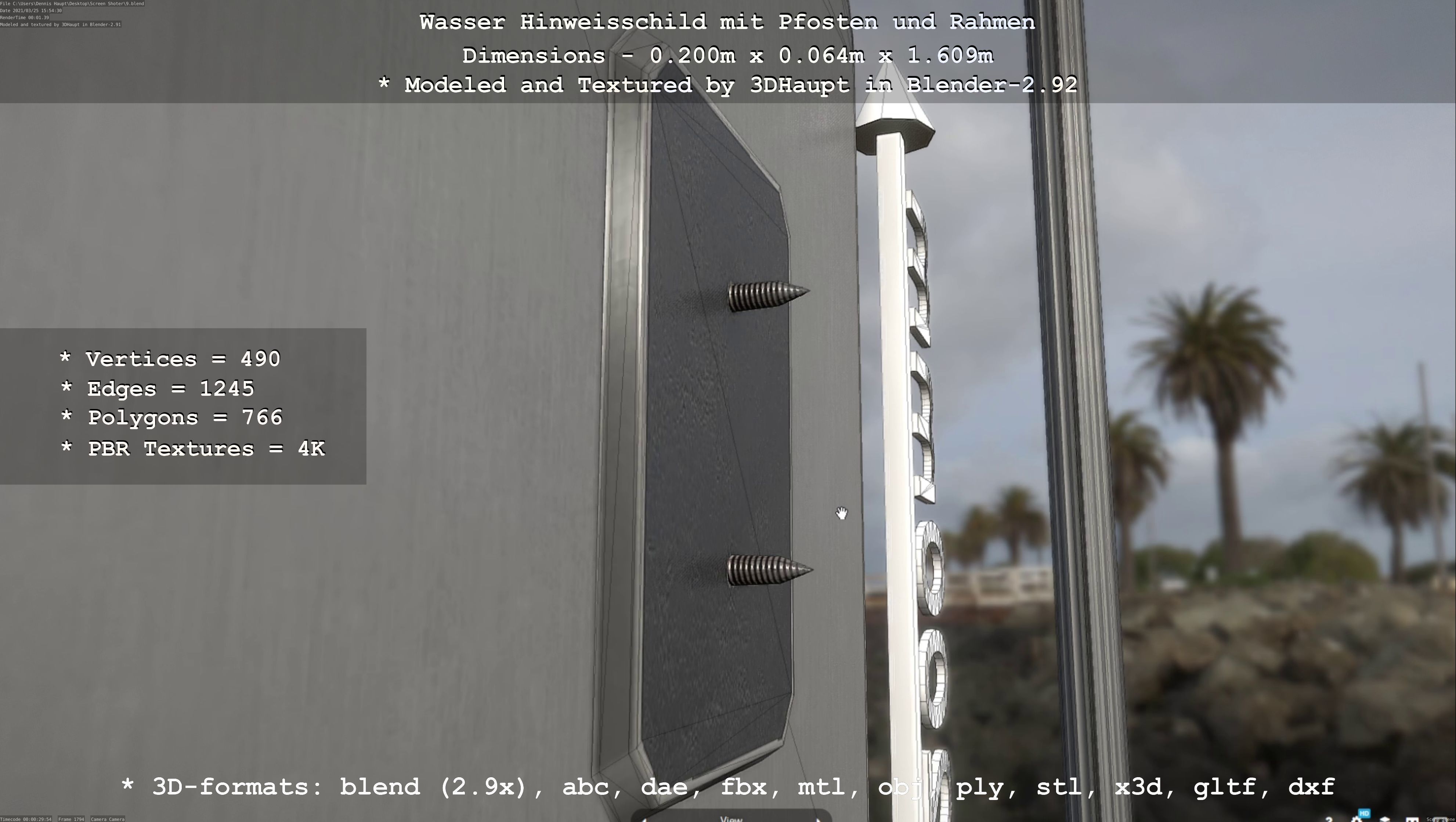 Hinweisschild Wasser mit Pfosten und Rahmen Low-poly 3D model_92