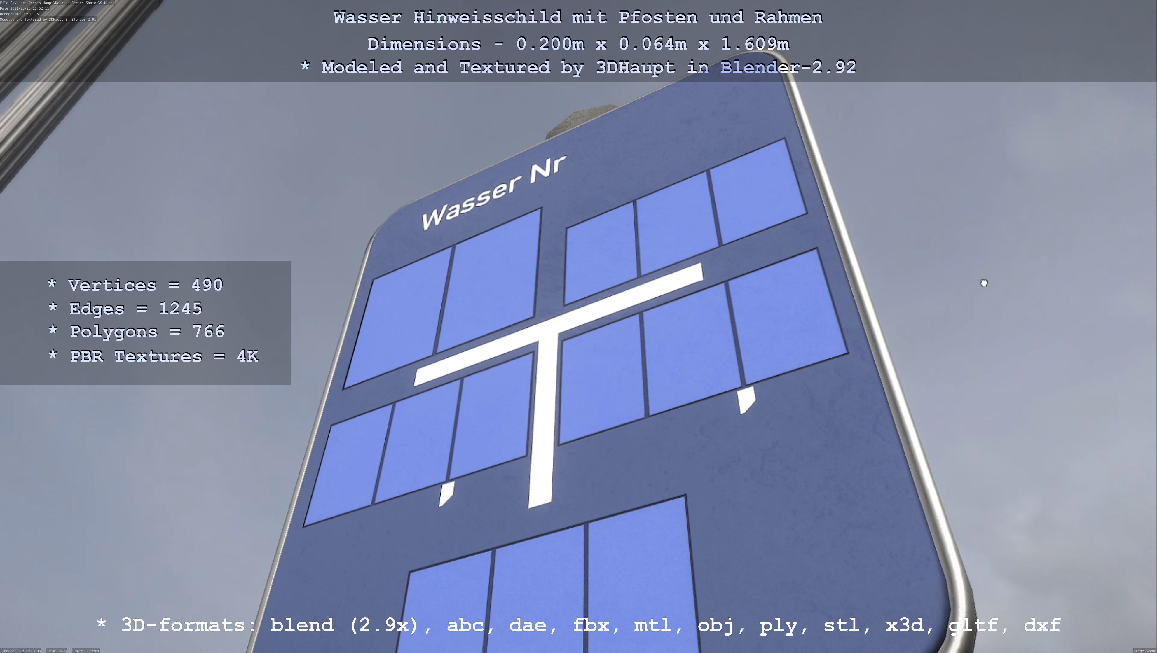 Hinweisschild Wasser mit Pfosten und Rahmen Low-poly 3D model_46