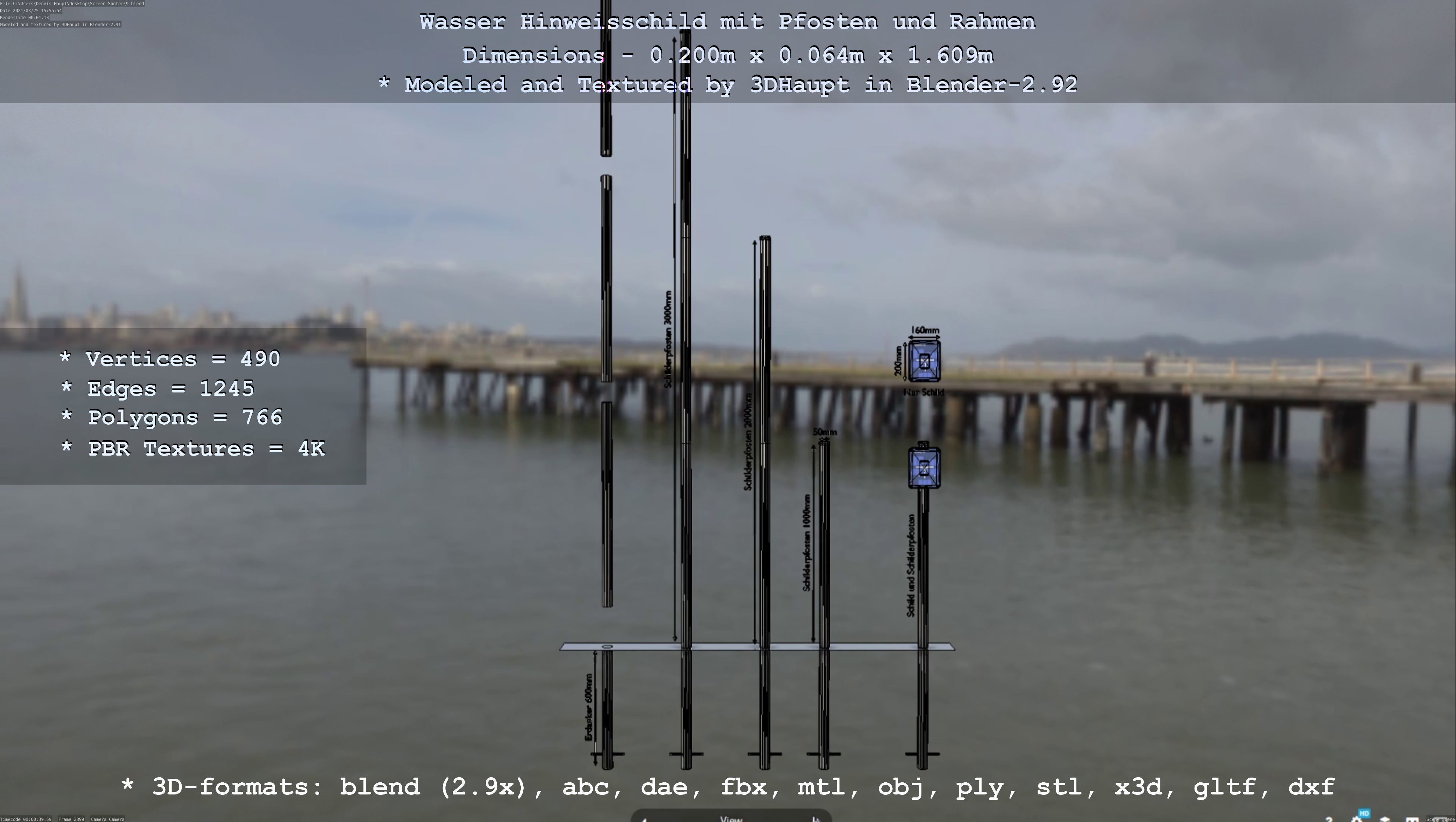 Hinweisschild Wasser mit Pfosten und Rahmen Low-poly 3D model_114