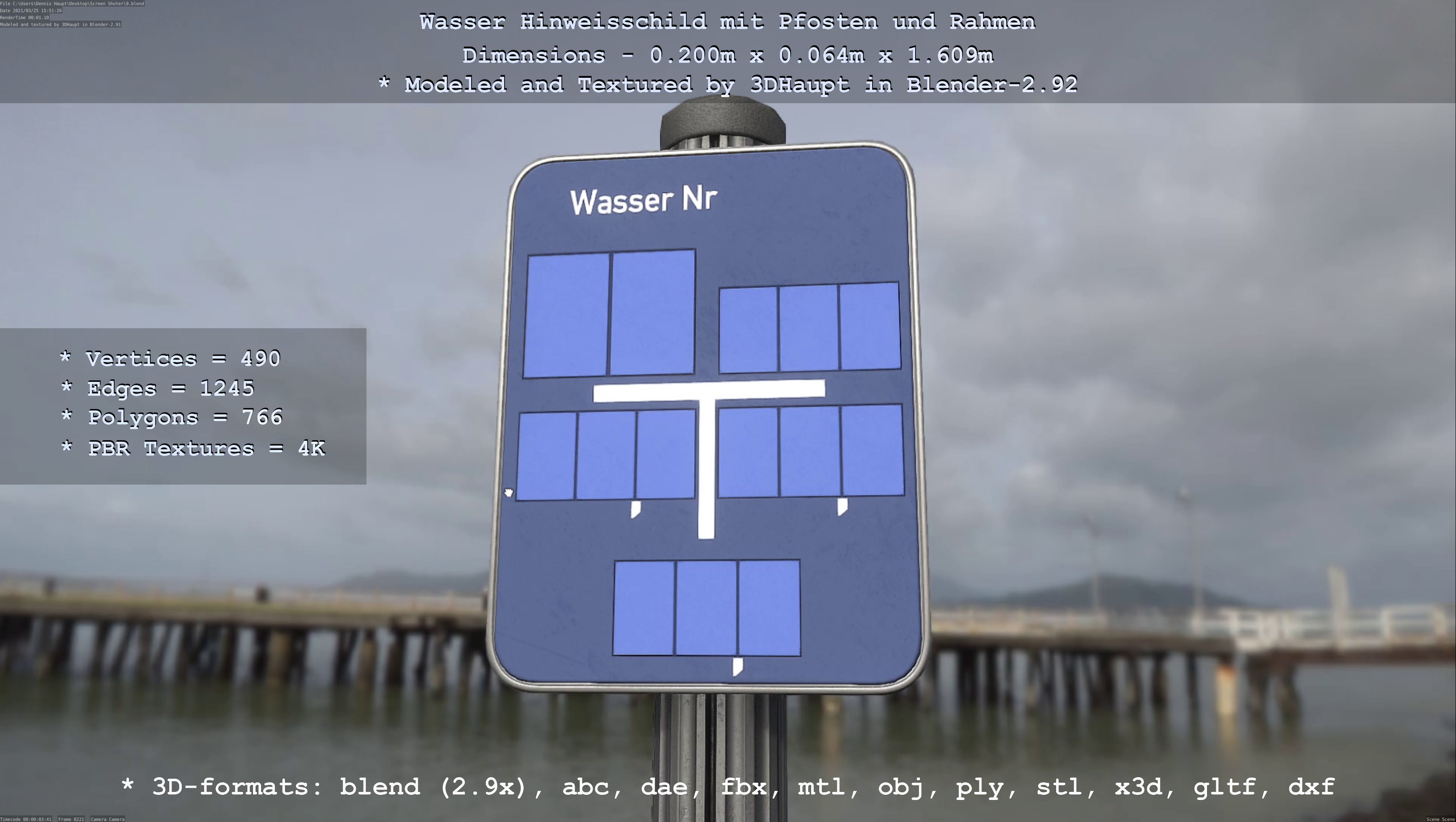 Hinweisschild Wasser mit Pfosten und Rahmen Low-poly 3D model_82