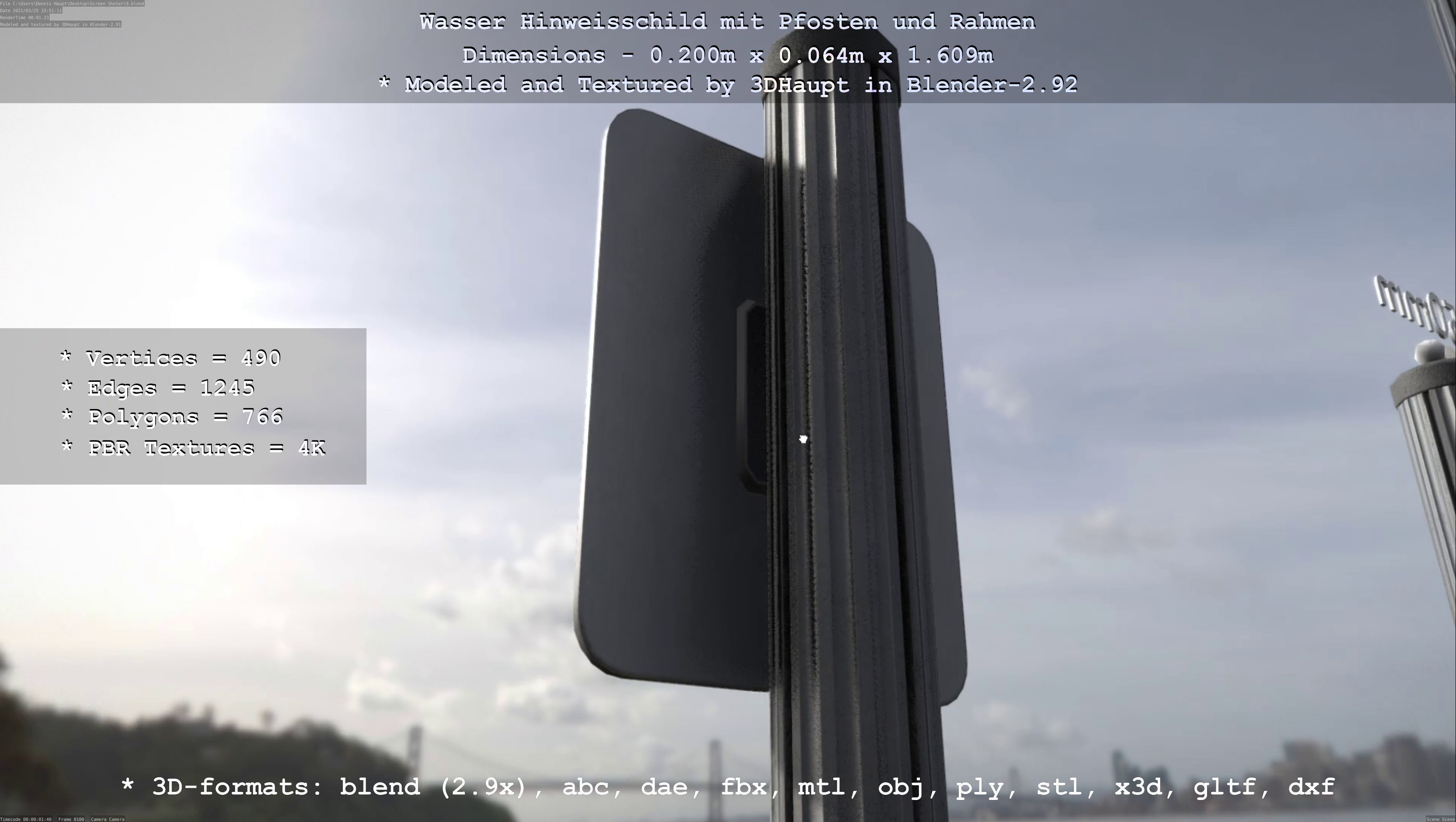 Hinweisschild Wasser mit Pfosten und Rahmen Low-poly 3D model_28