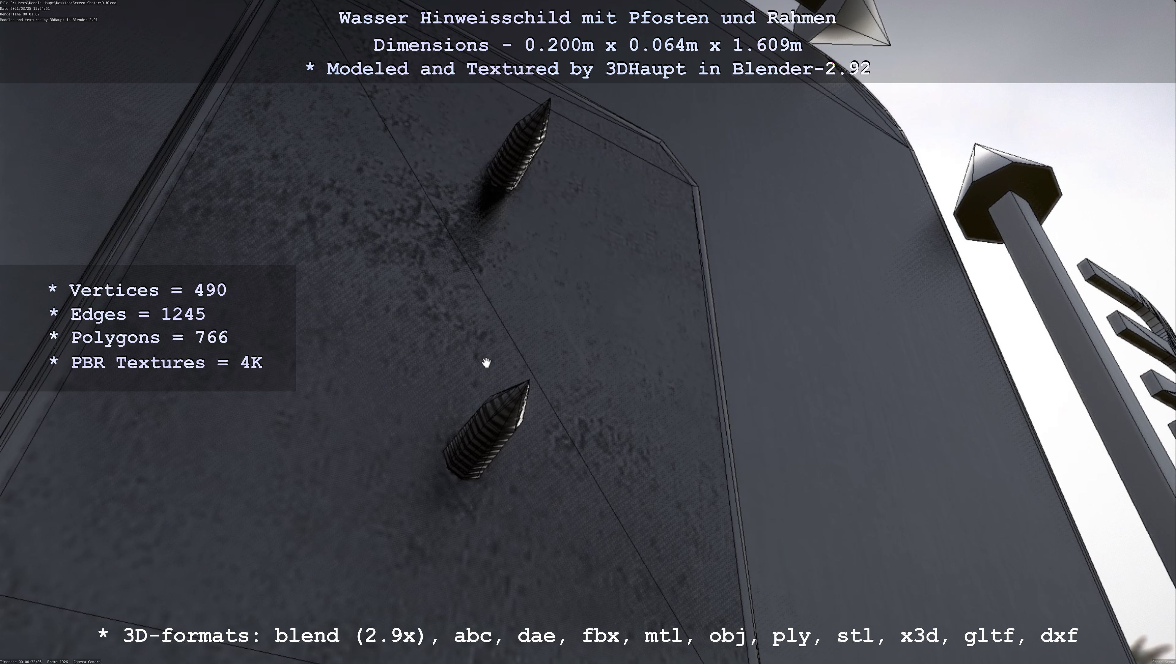 Hinweisschild Wasser mit Pfosten und Rahmen Low-poly 3D model_95