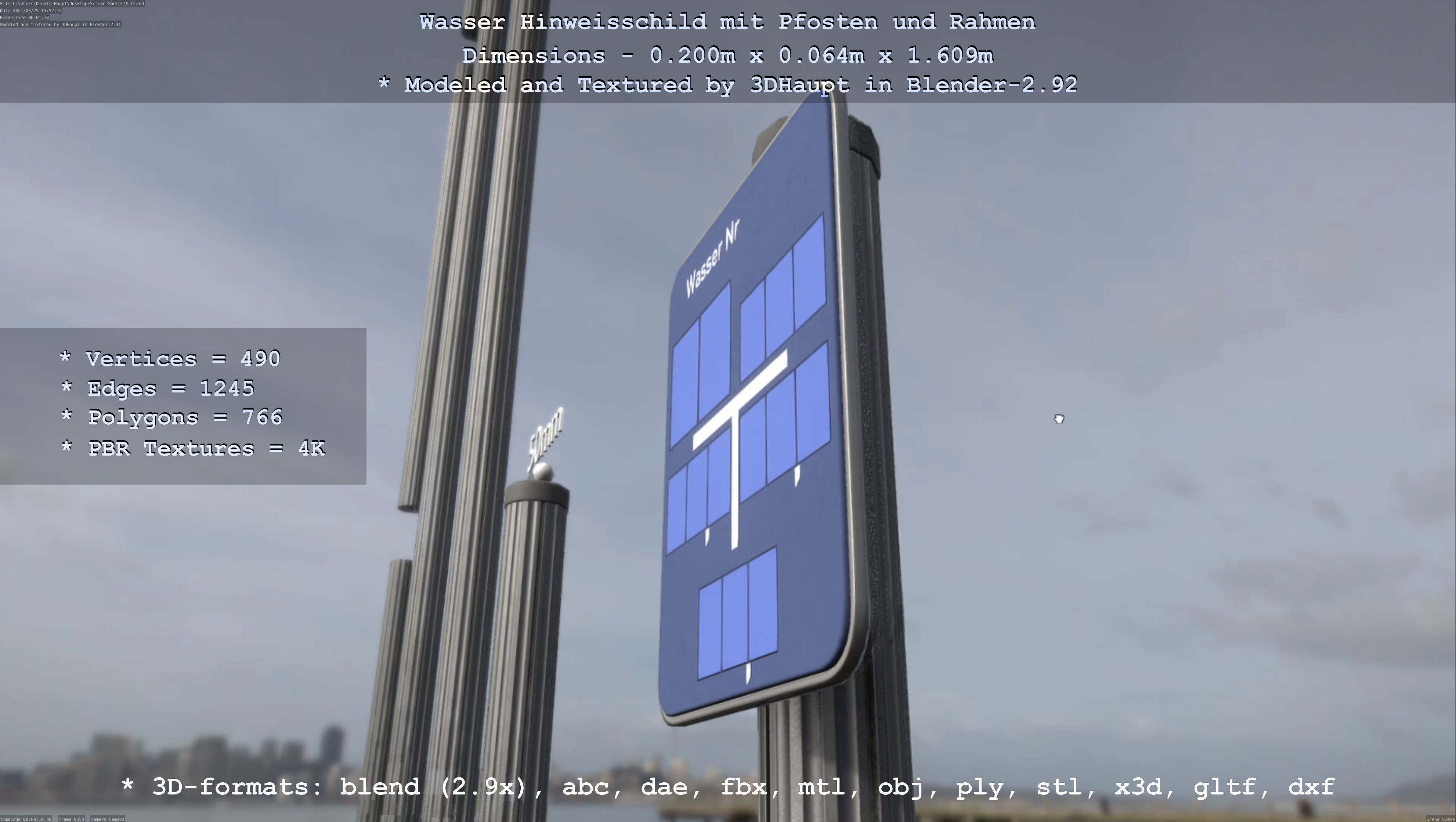 Hinweisschild Wasser mit Pfosten und Rahmen Low-poly 3D model_34