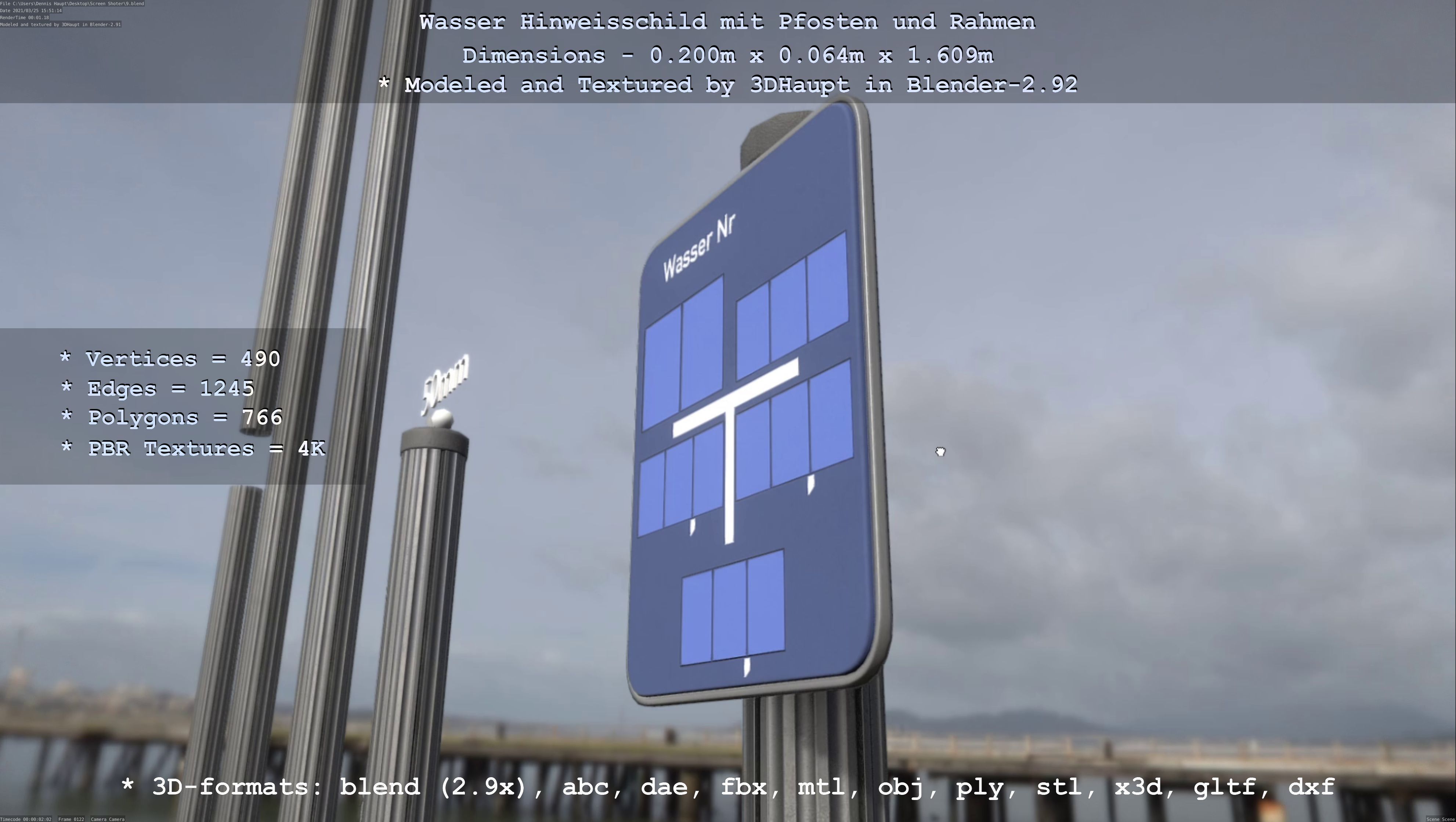 Hinweisschild Wasser mit Pfosten und Rahmen Low-poly 3D model_29