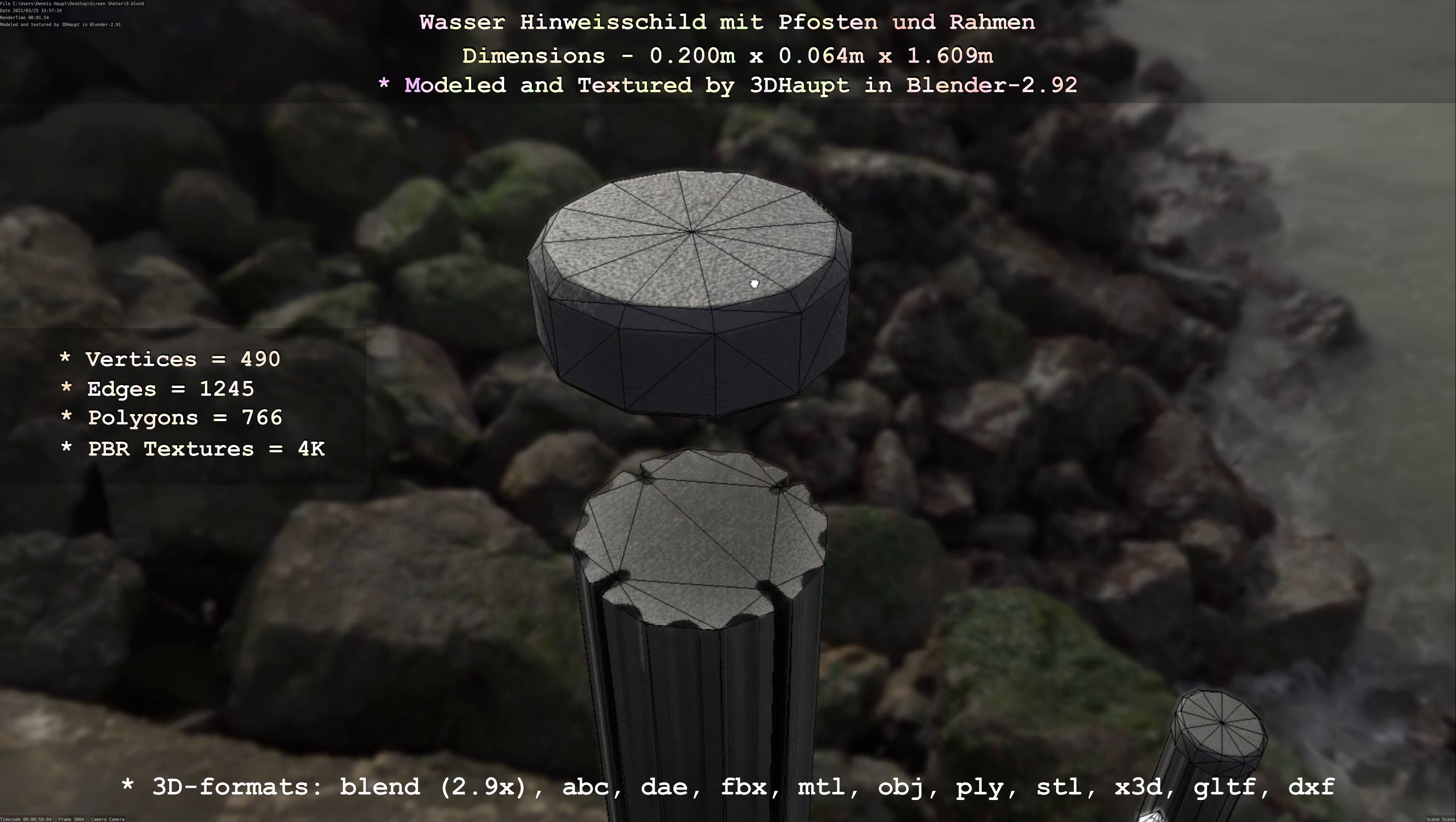 Hinweisschild Wasser mit Pfosten und Rahmen Low-poly 3D model_38