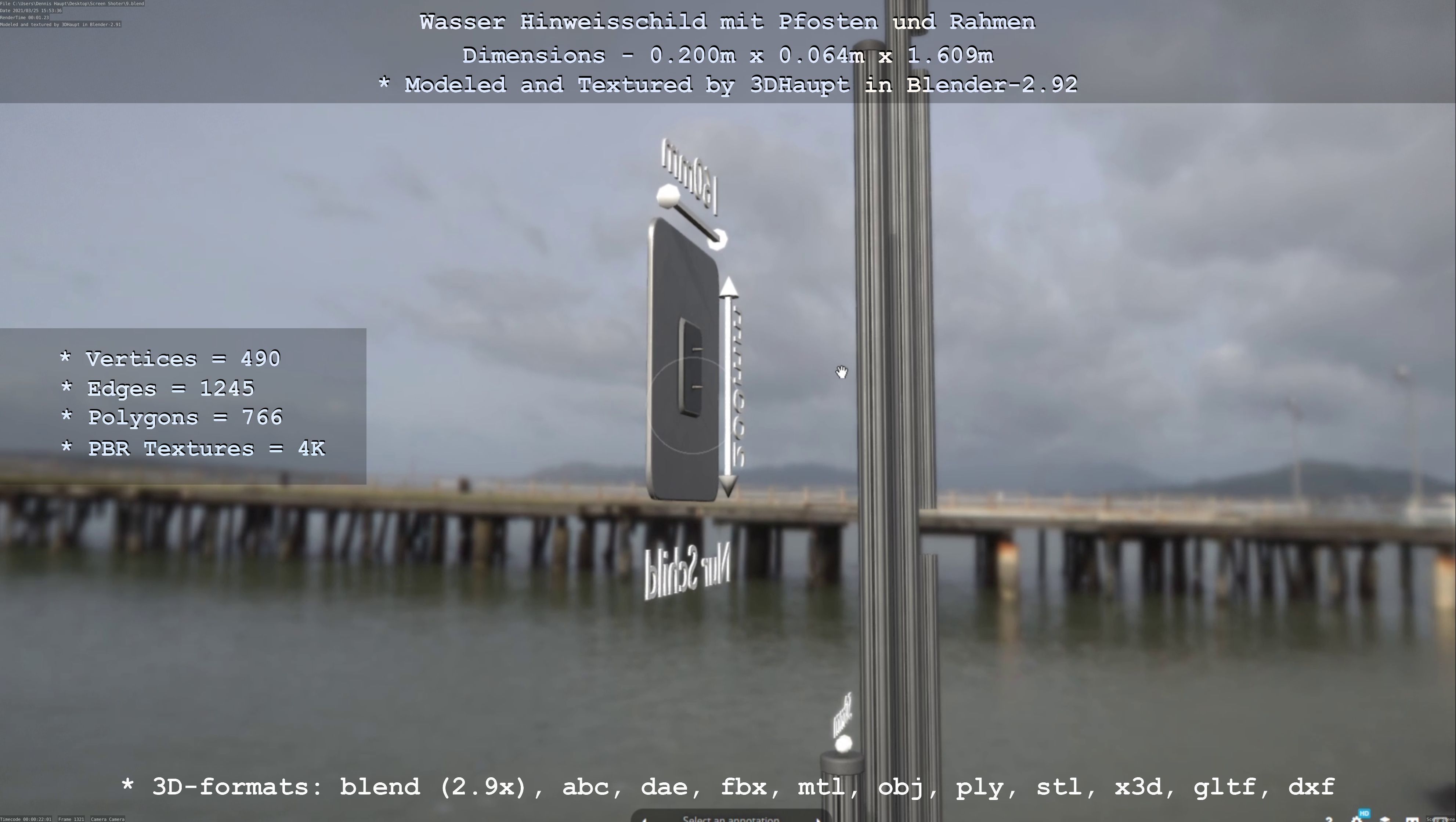 Hinweisschild Wasser mit Pfosten und Rahmen Low-poly 3D model_73