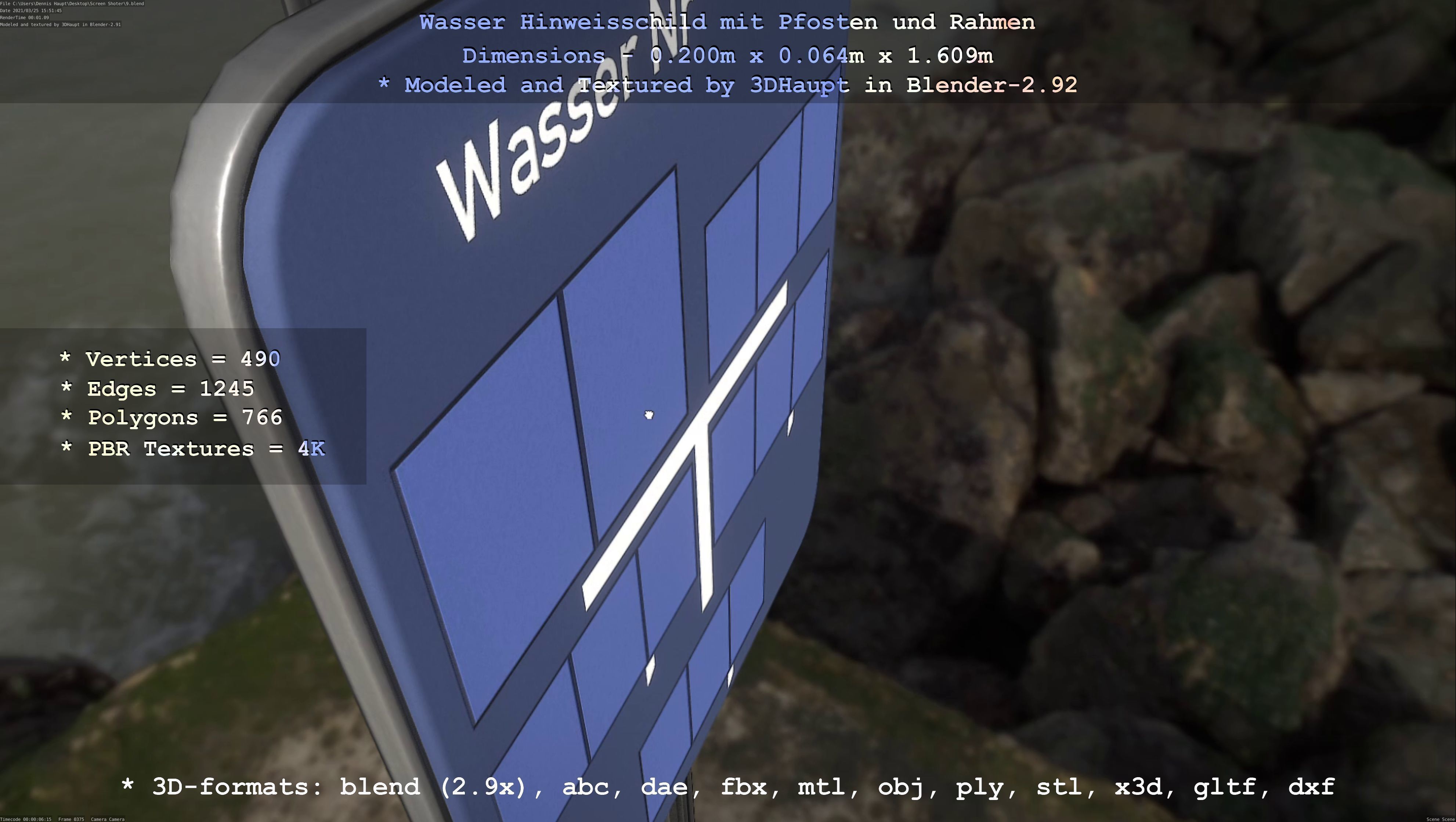 Hinweisschild Wasser mit Pfosten und Rahmen Low-poly 3D model_39