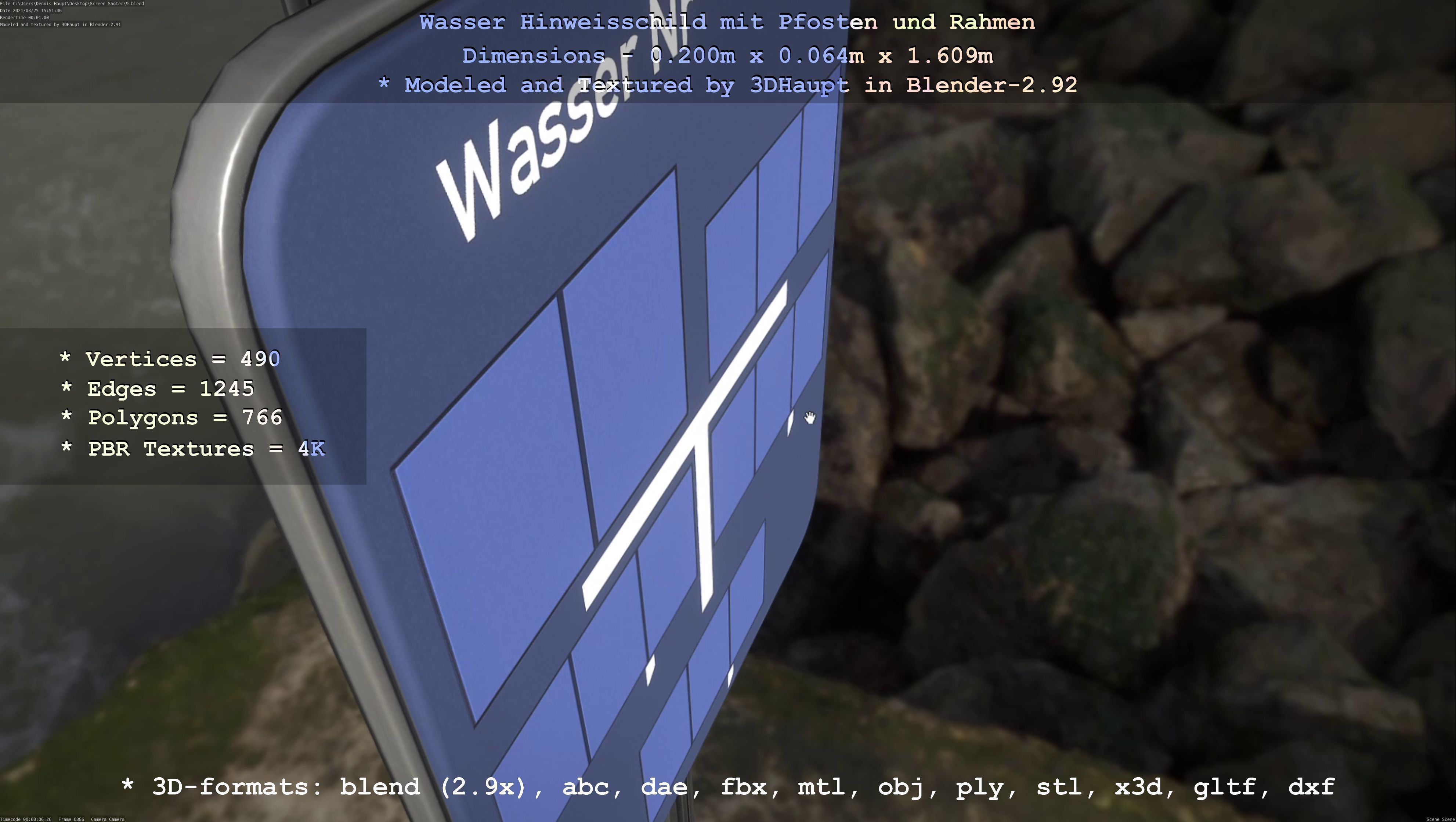 Hinweisschild Wasser mit Pfosten und Rahmen Low-poly 3D model_40