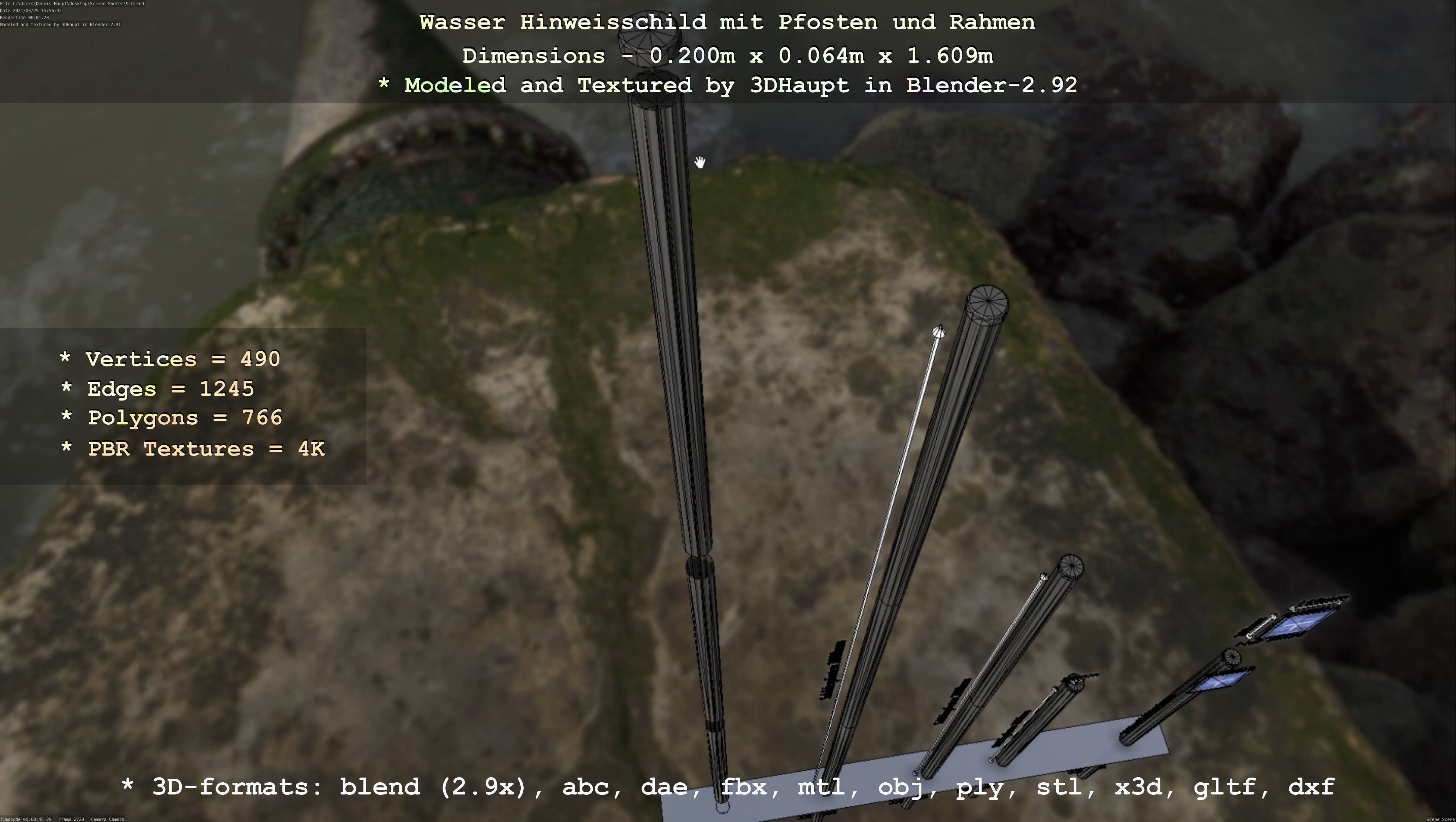 Hinweisschild Wasser mit Pfosten und Rahmen Low-poly 3D model_128