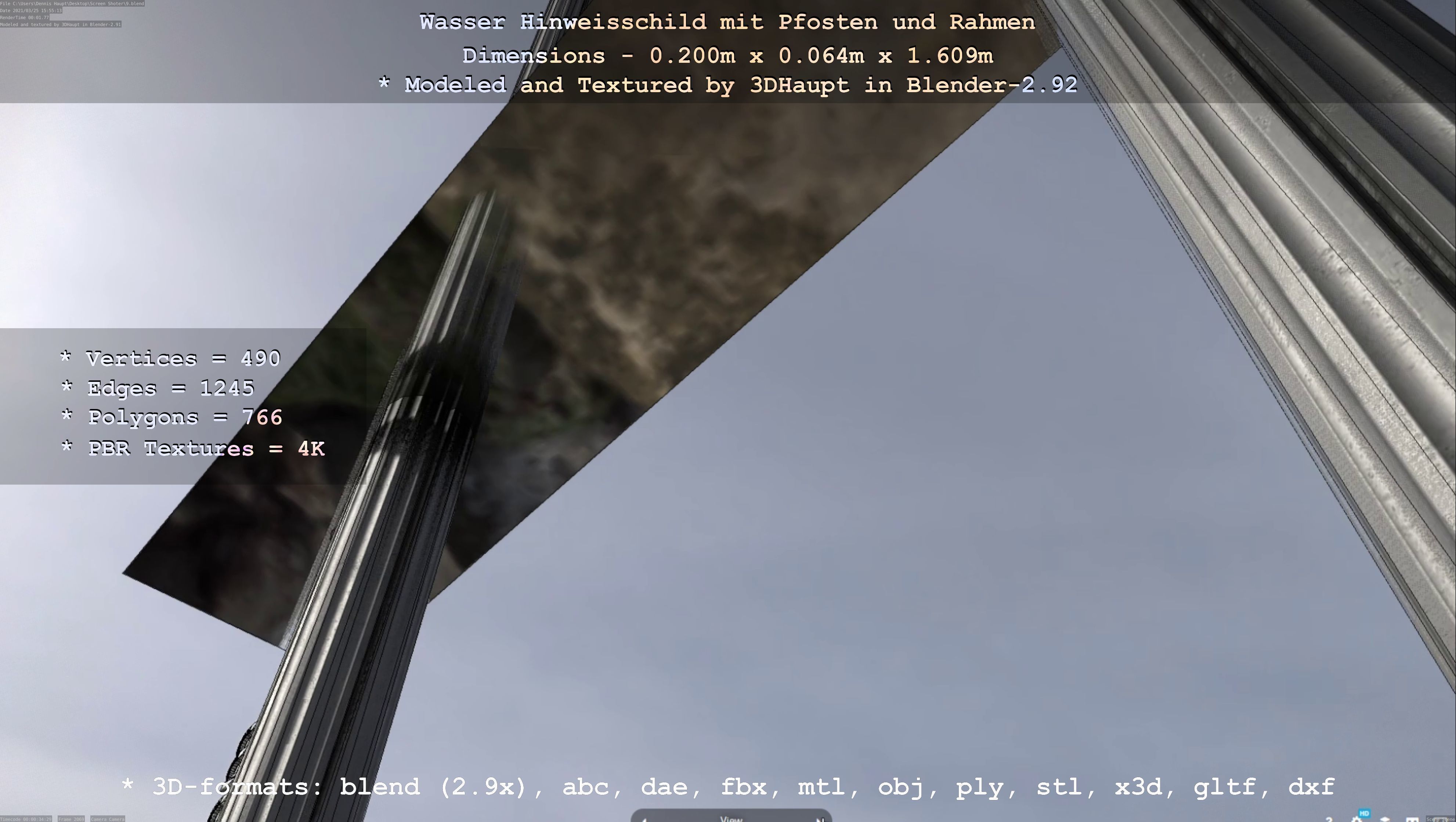 Hinweisschild Wasser mit Pfosten und Rahmen Low-poly 3D model_102