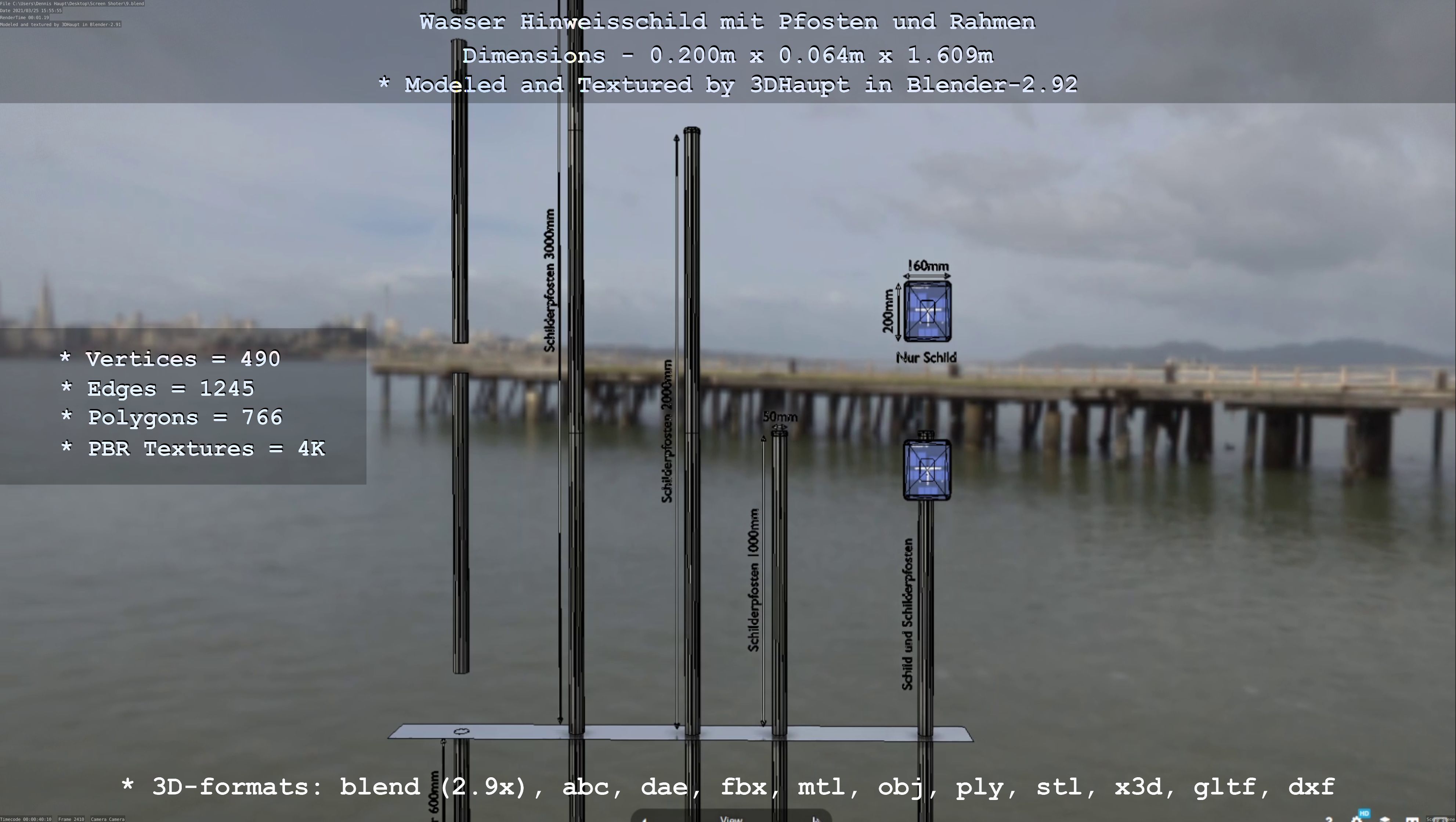 Hinweisschild Wasser mit Pfosten und Rahmen Low-poly 3D model_17