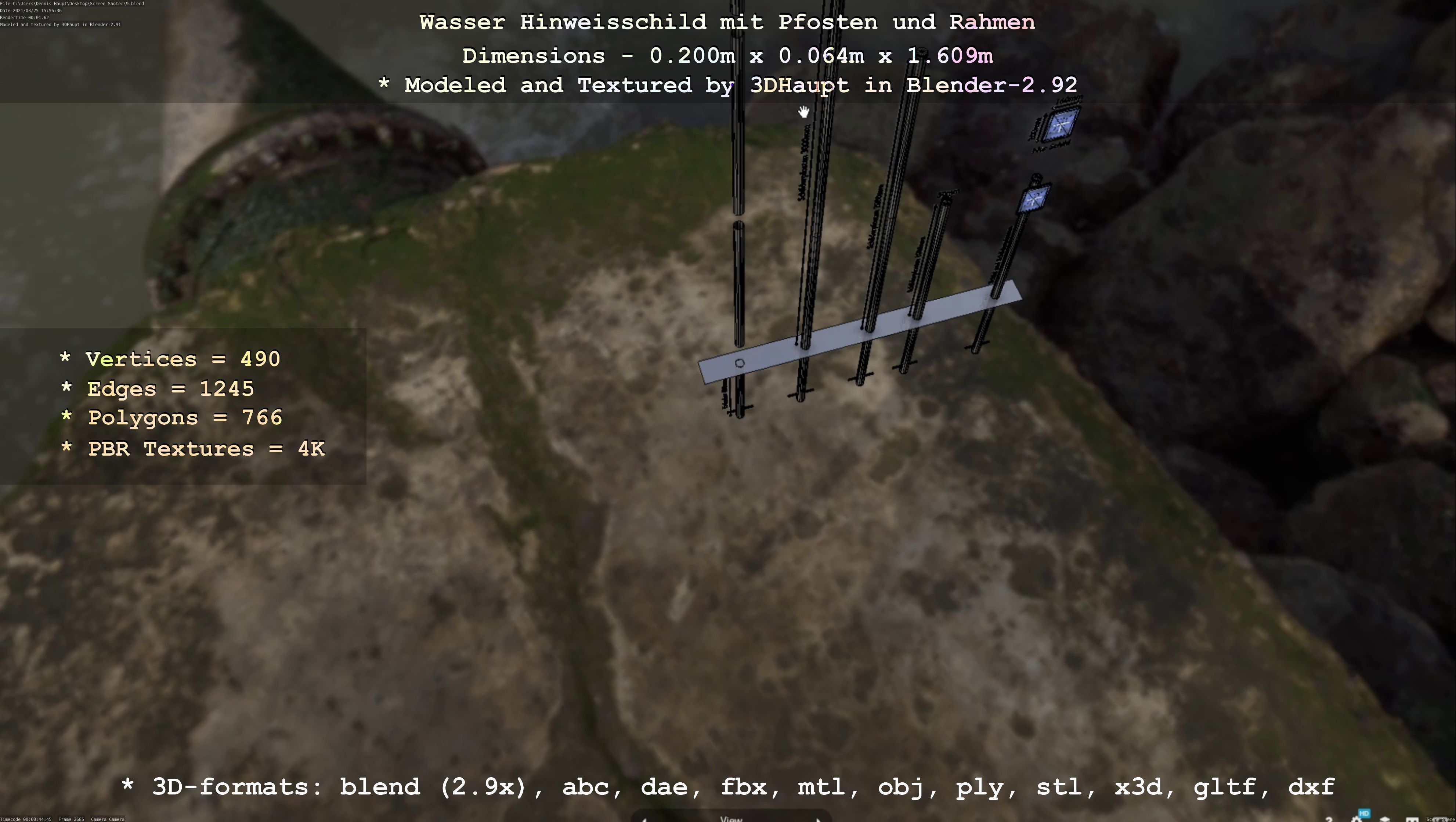 Hinweisschild Wasser mit Pfosten und Rahmen Low-poly 3D model_127