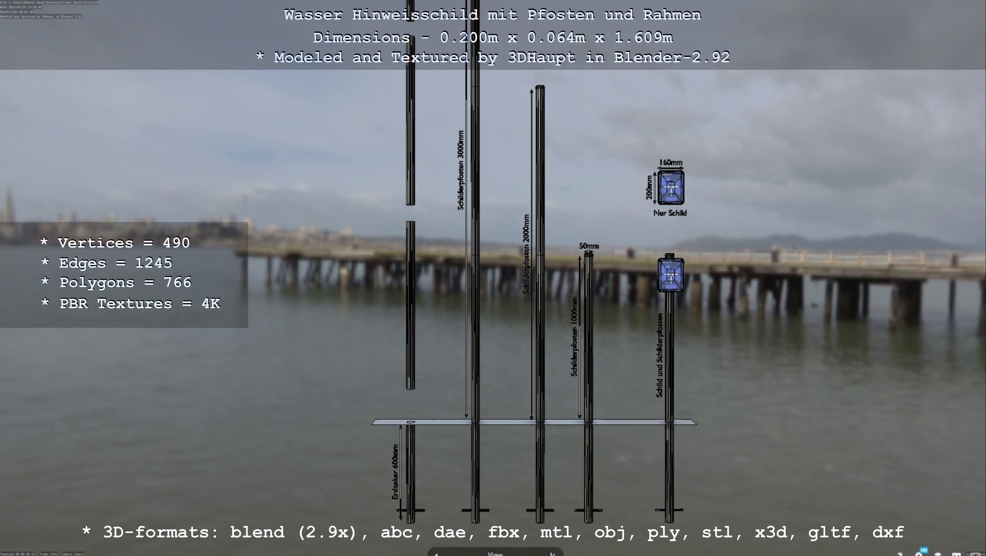 Hinweisschild Wasser mit Pfosten und Rahmen Low-poly 3D model_113