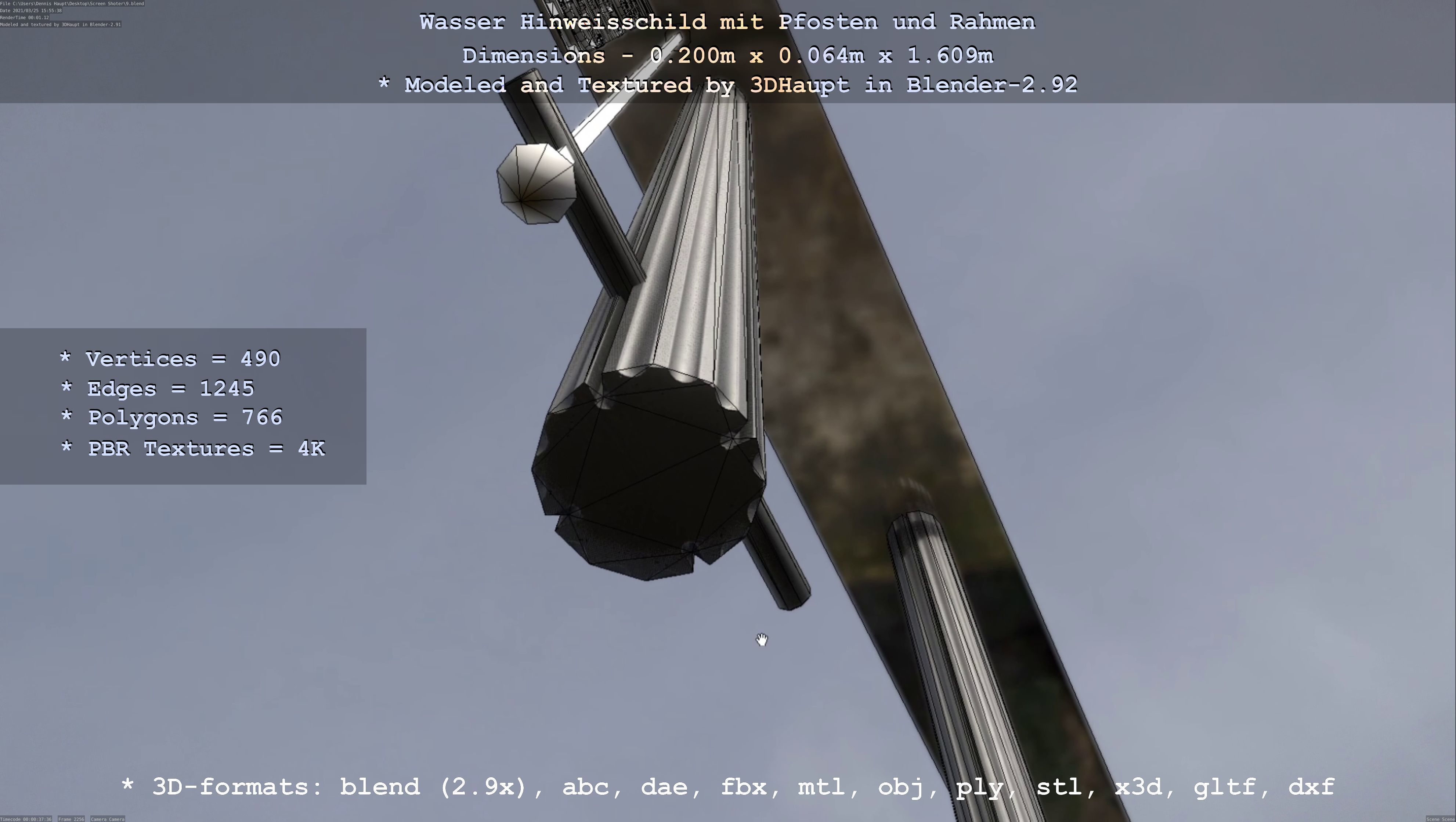 Hinweisschild Wasser mit Pfosten und Rahmen Low-poly 3D model_15