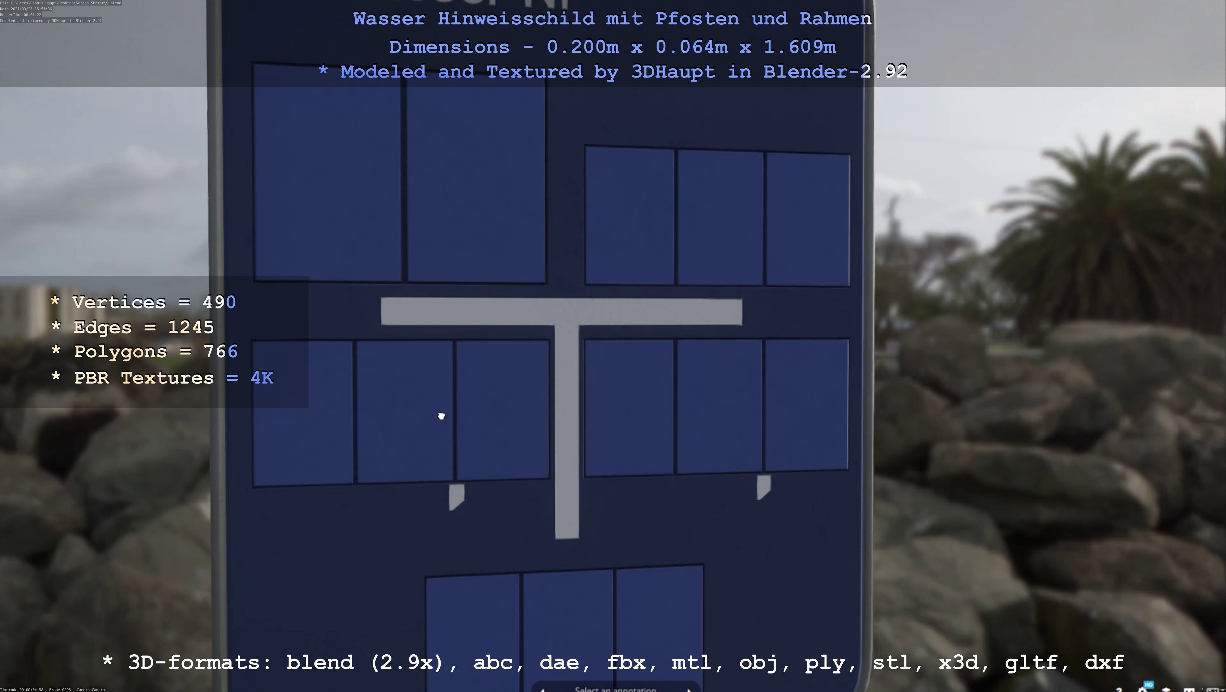 Hinweisschild Wasser mit Pfosten und Rahmen Low-poly 3D model_115