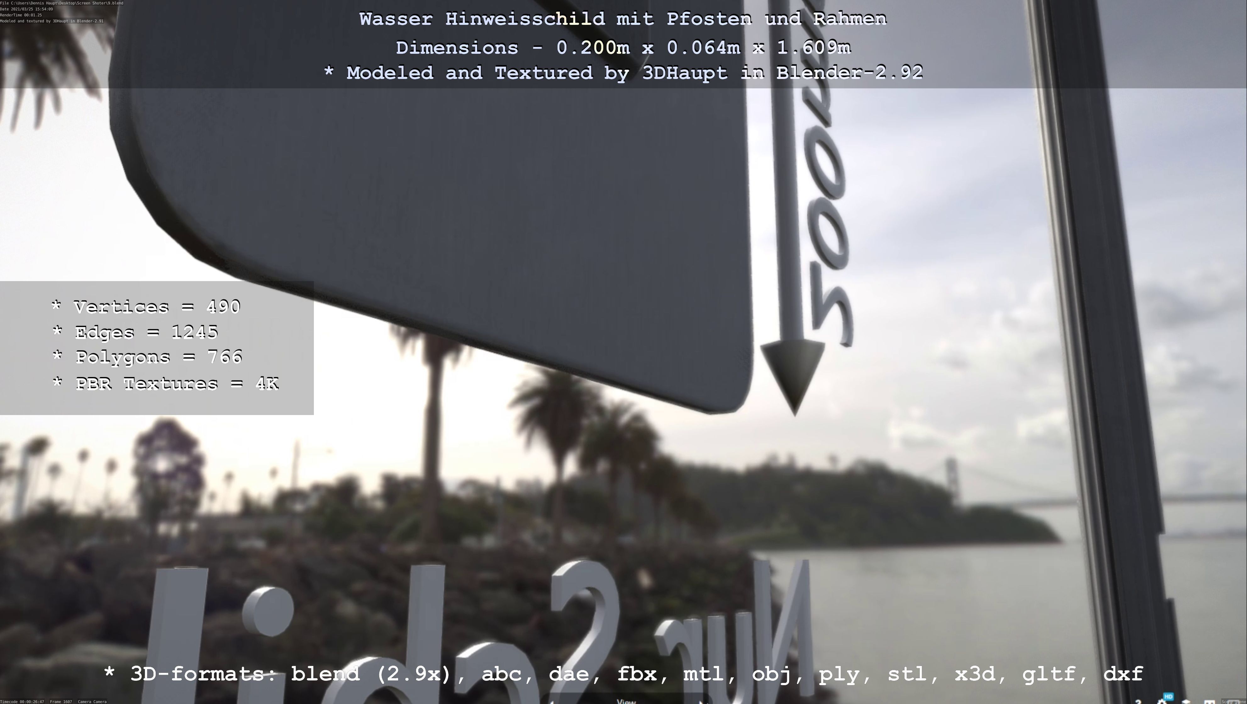 Hinweisschild Wasser mit Pfosten und Rahmen Low-poly 3D model_85