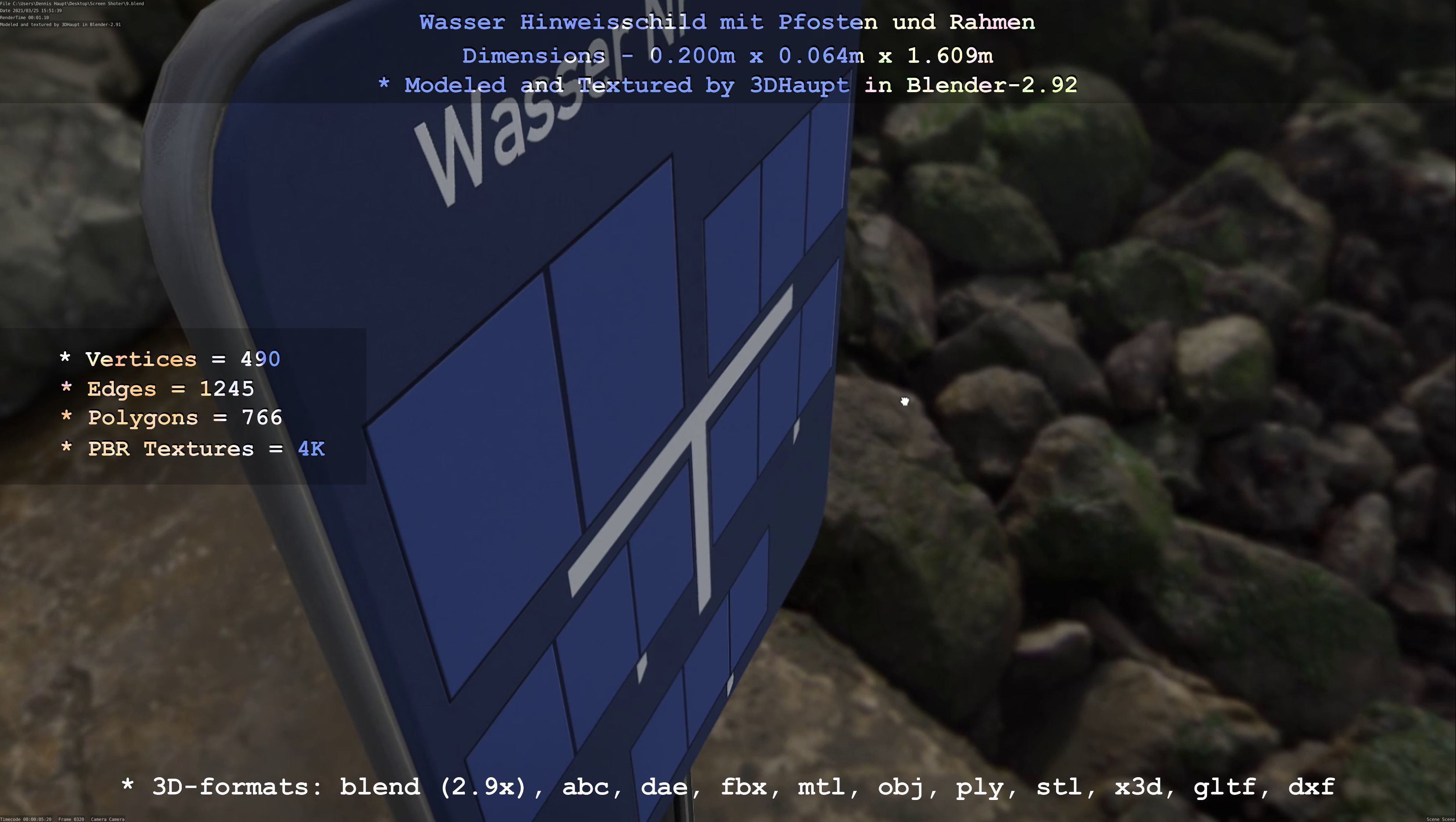 Hinweisschild Wasser mit Pfosten und Rahmen Low-poly 3D model_13