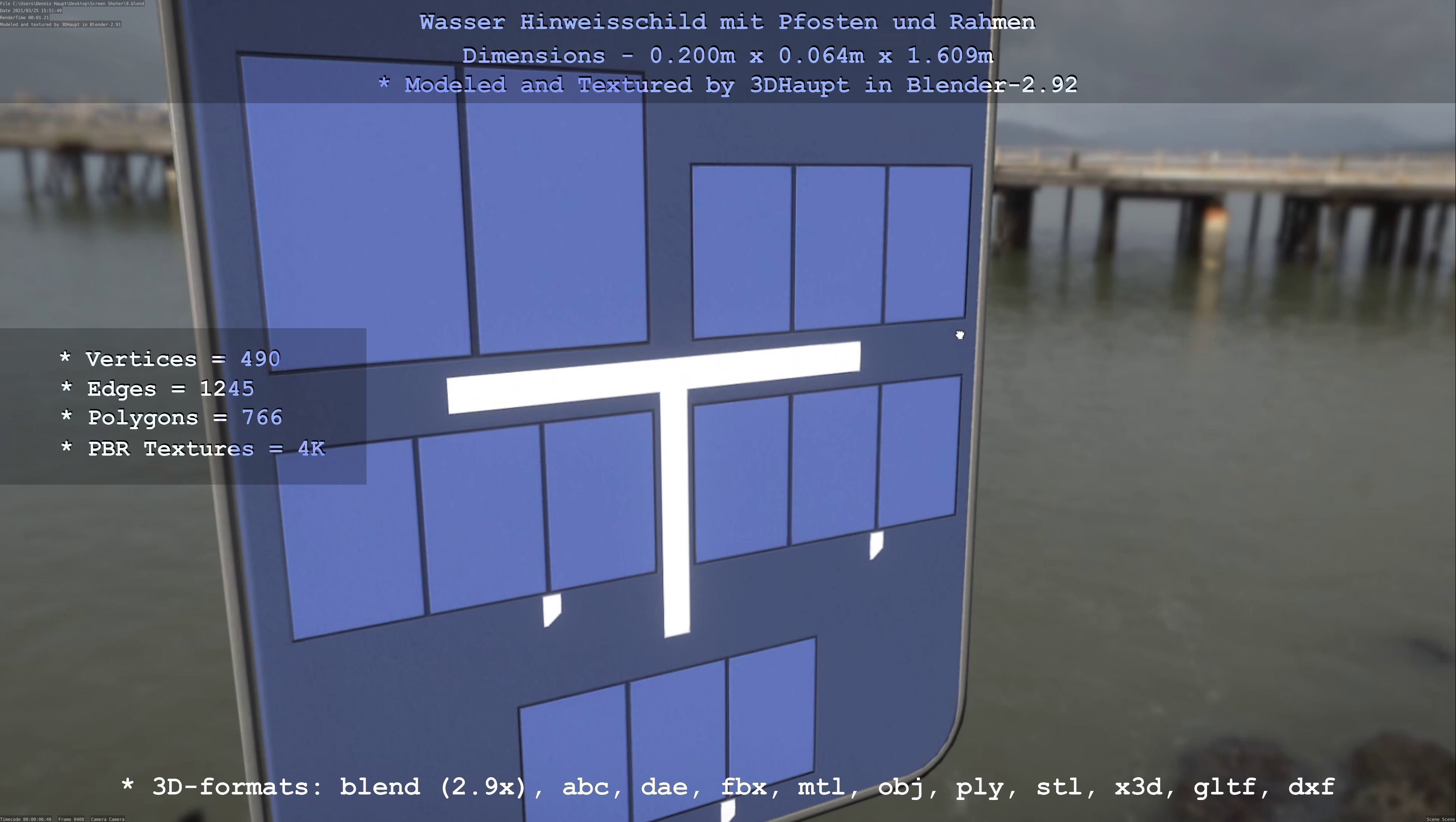 Hinweisschild Wasser mit Pfosten und Rahmen Low-poly 3D model_32