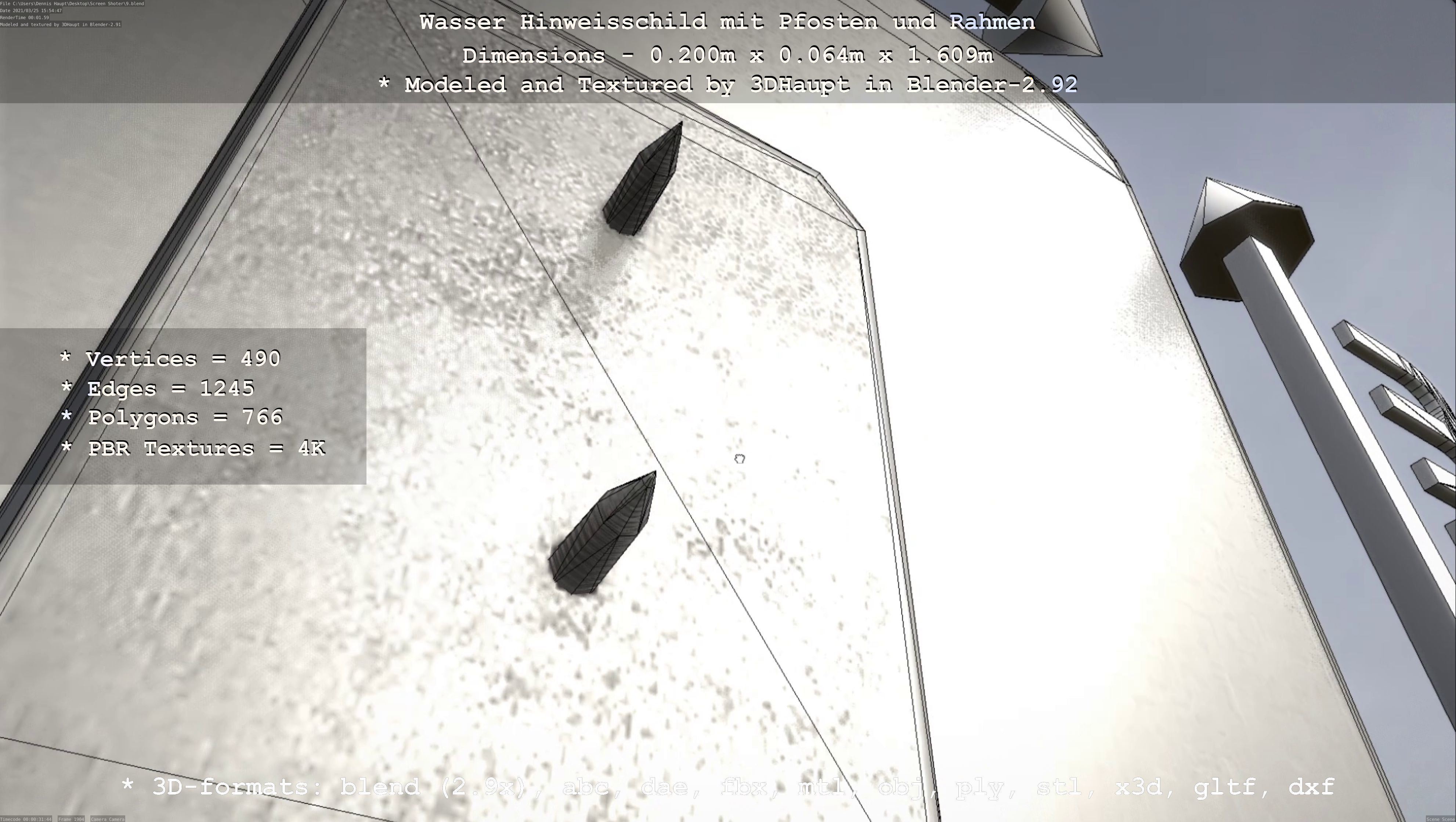 Hinweisschild Wasser mit Pfosten und Rahmen Low-poly 3D model_11