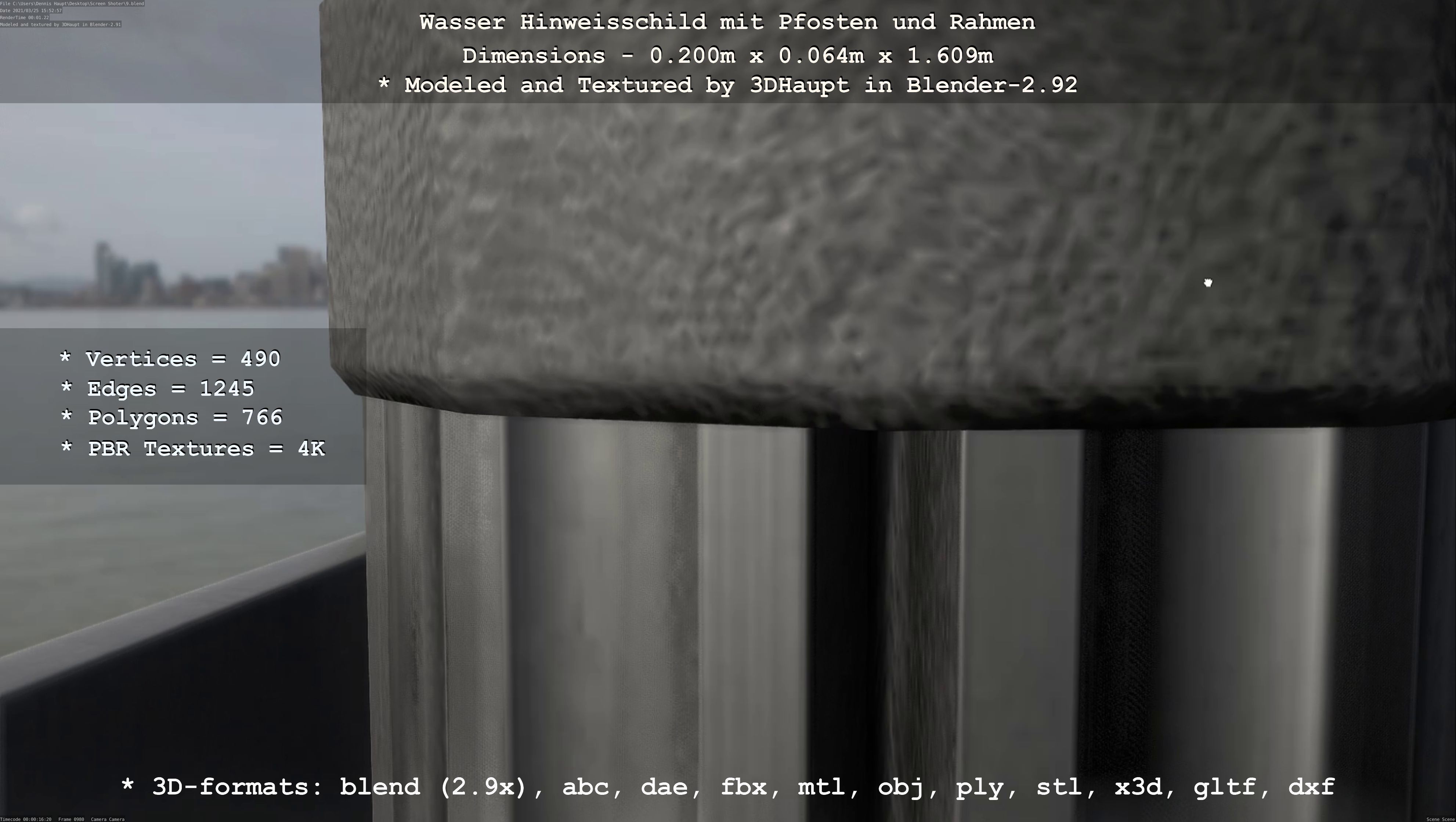 Hinweisschild Wasser mit Pfosten und Rahmen Low-poly 3D model_5