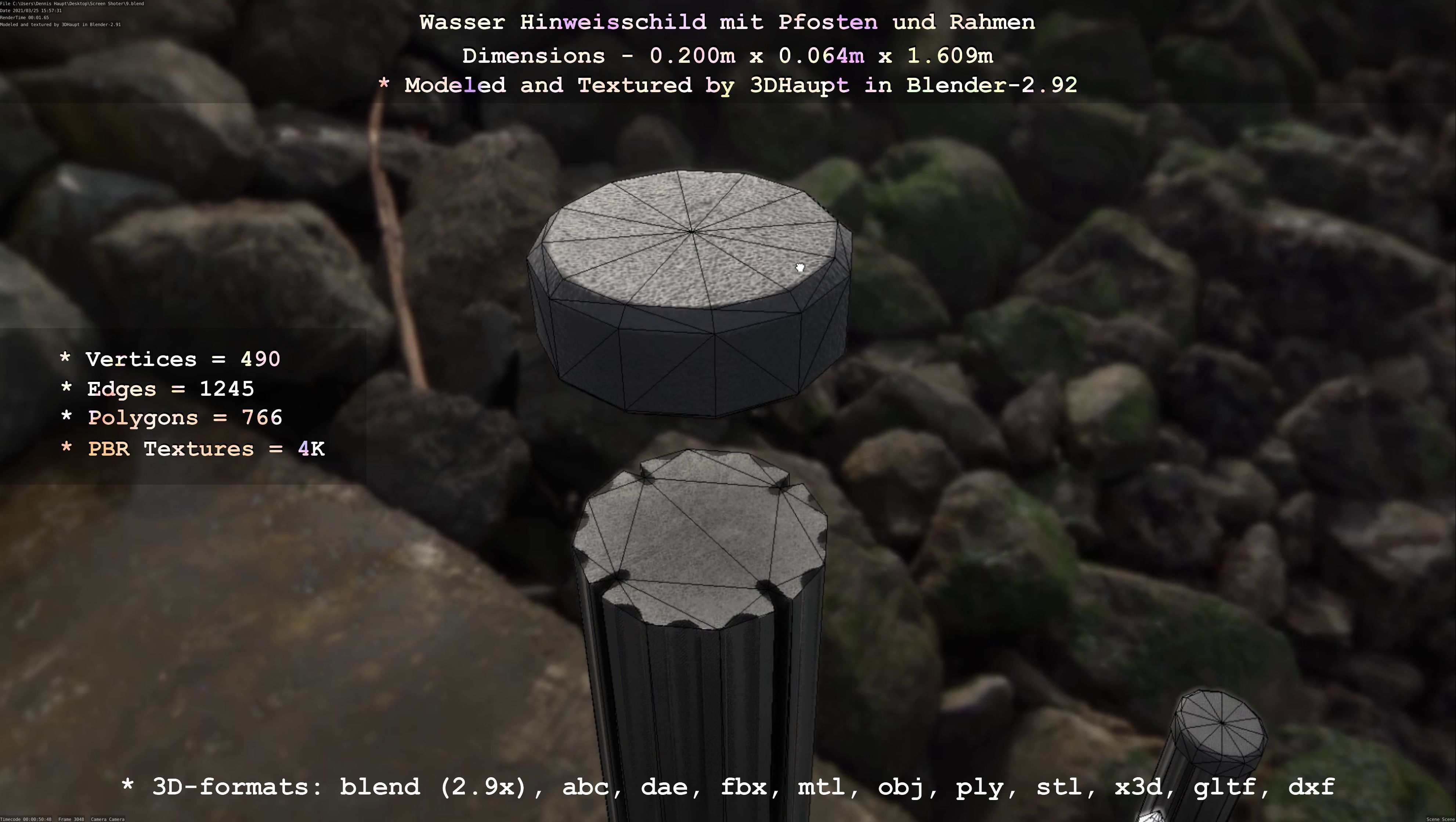 Hinweisschild Wasser mit Pfosten und Rahmen Low-poly 3D model_22