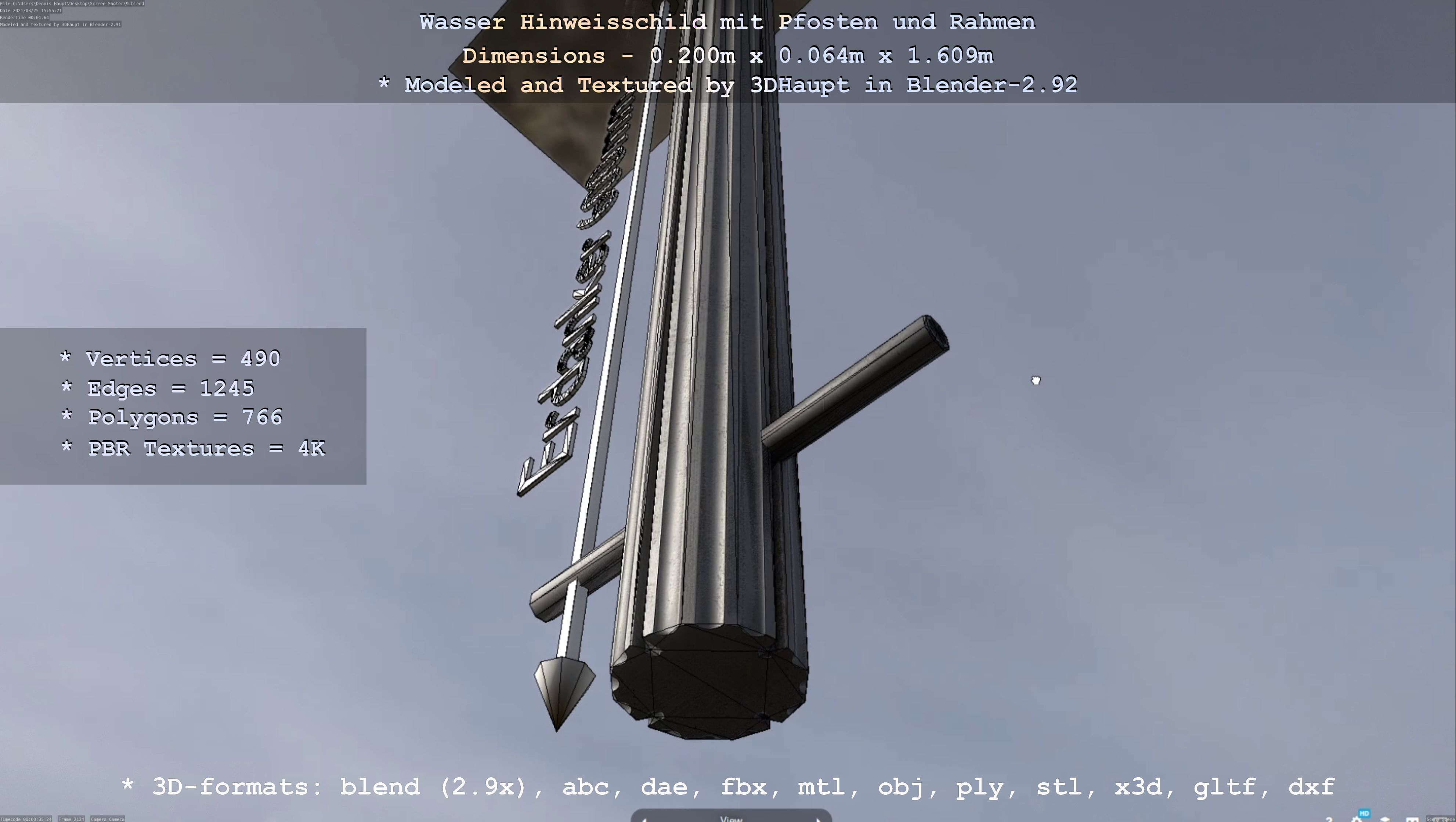 Hinweisschild Wasser mit Pfosten und Rahmen Low-poly 3D model_12