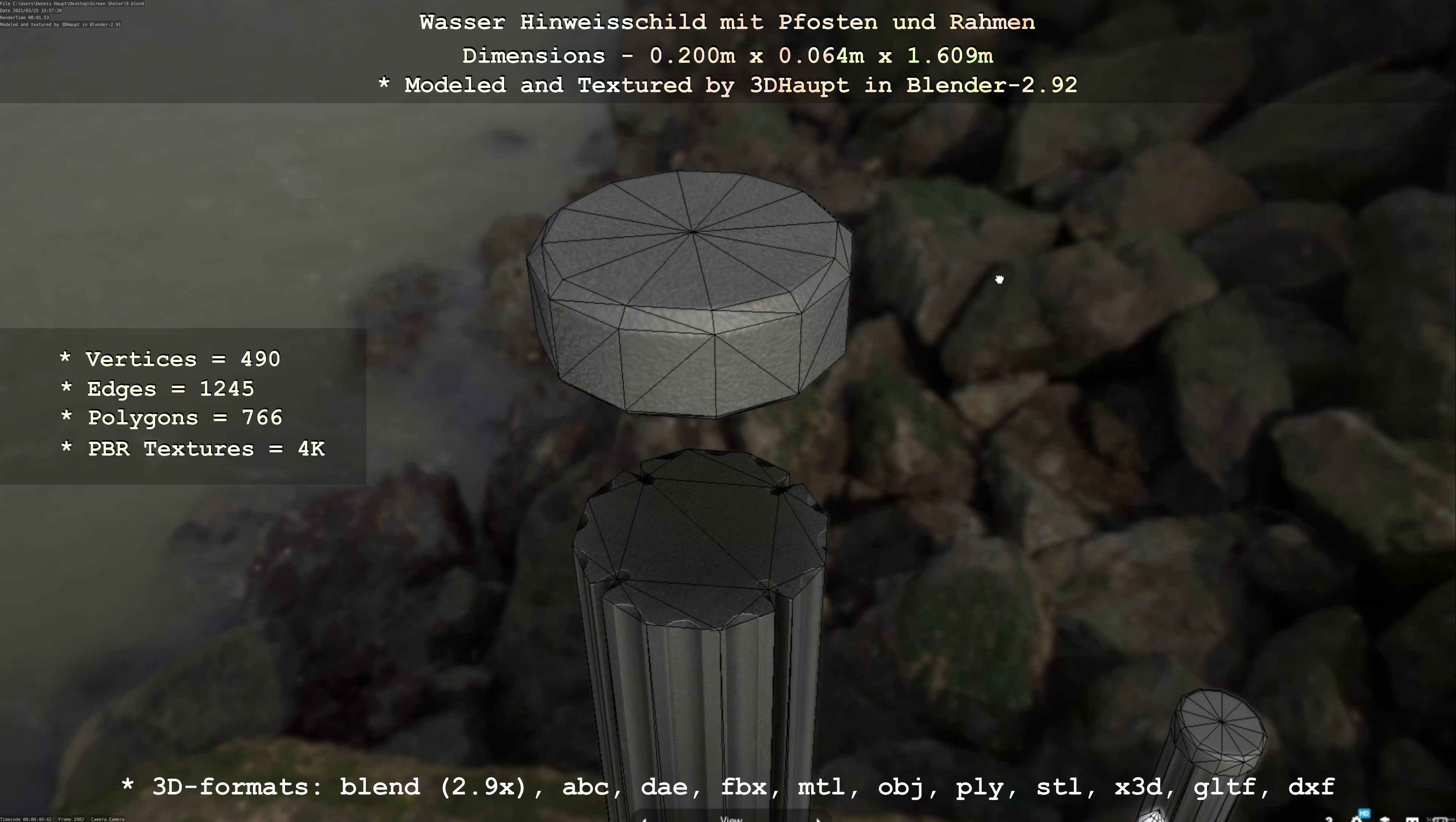 Hinweisschild Wasser mit Pfosten und Rahmen Low-poly 3D model_135