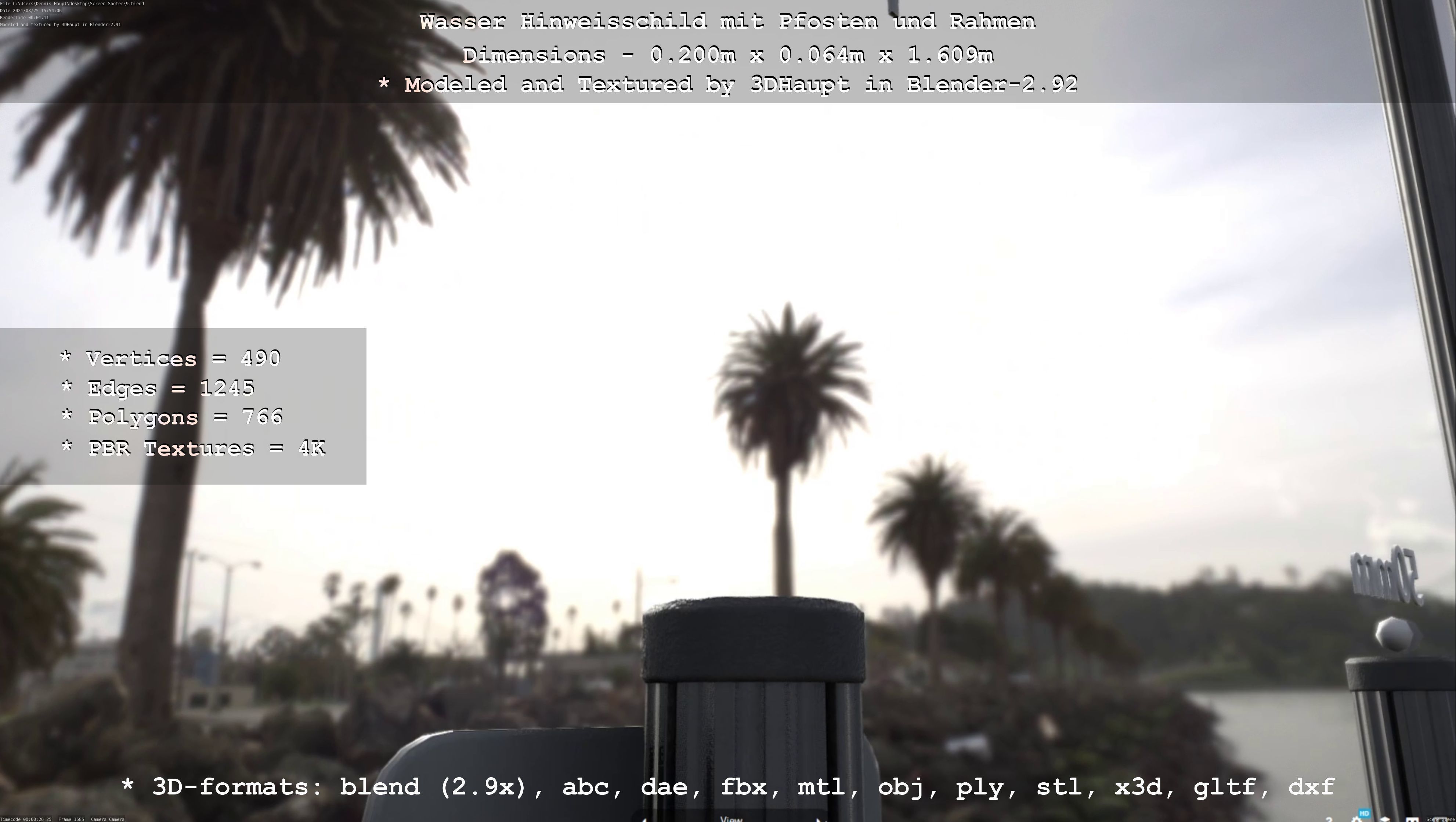 Hinweisschild Wasser mit Pfosten und Rahmen Low-poly 3D model_83