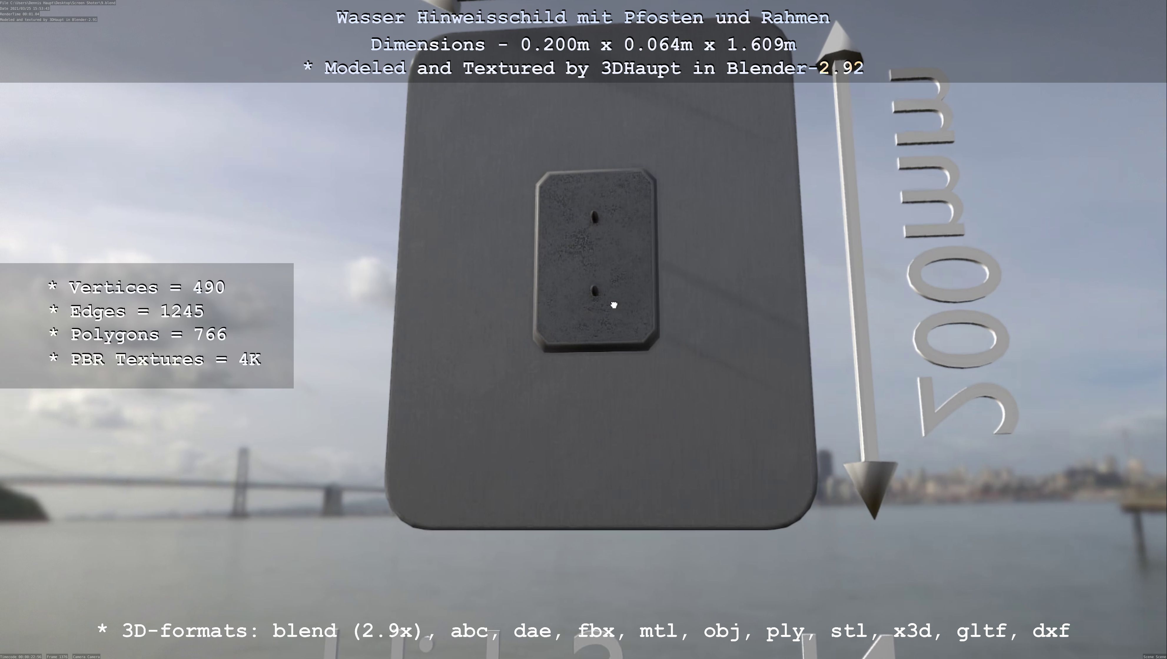 Hinweisschild Wasser mit Pfosten und Rahmen Low-poly 3D model_7