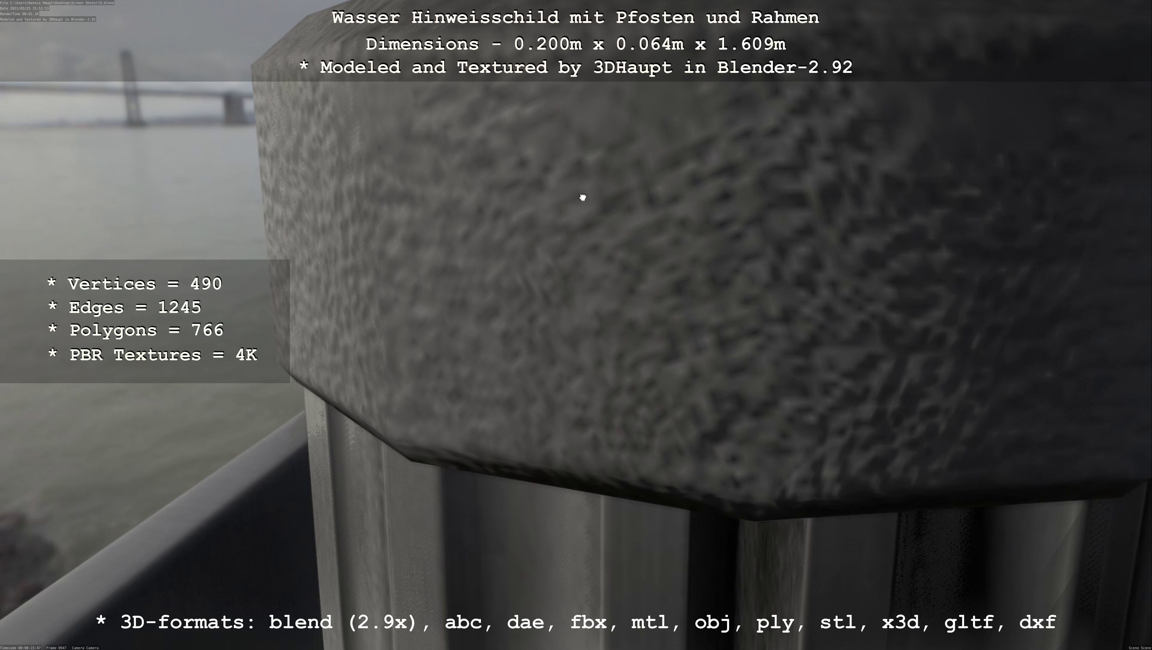 Hinweisschild Wasser mit Pfosten und Rahmen Low-poly 3D model_57