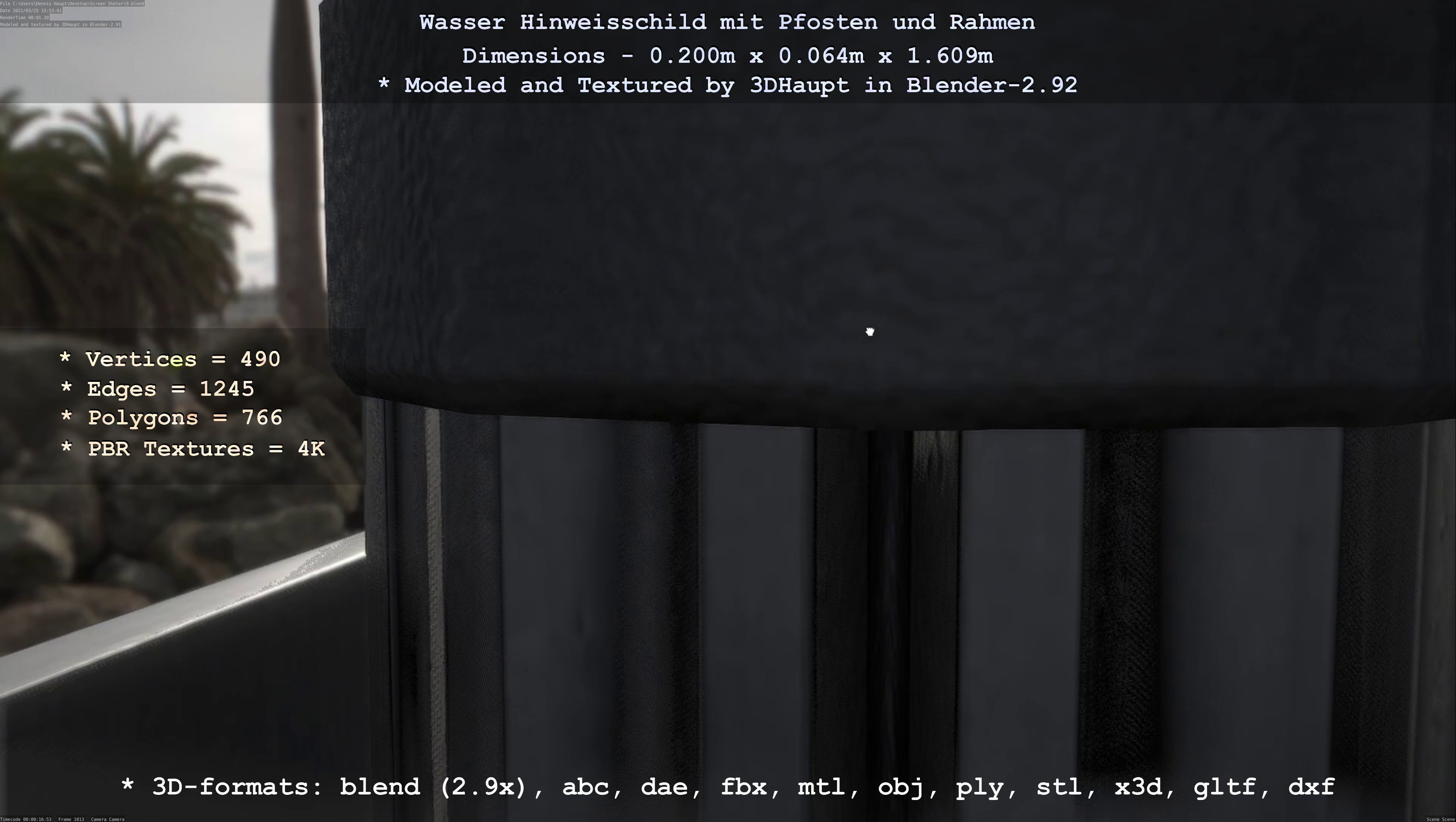 Hinweisschild Wasser mit Pfosten und Rahmen Low-poly 3D model_59