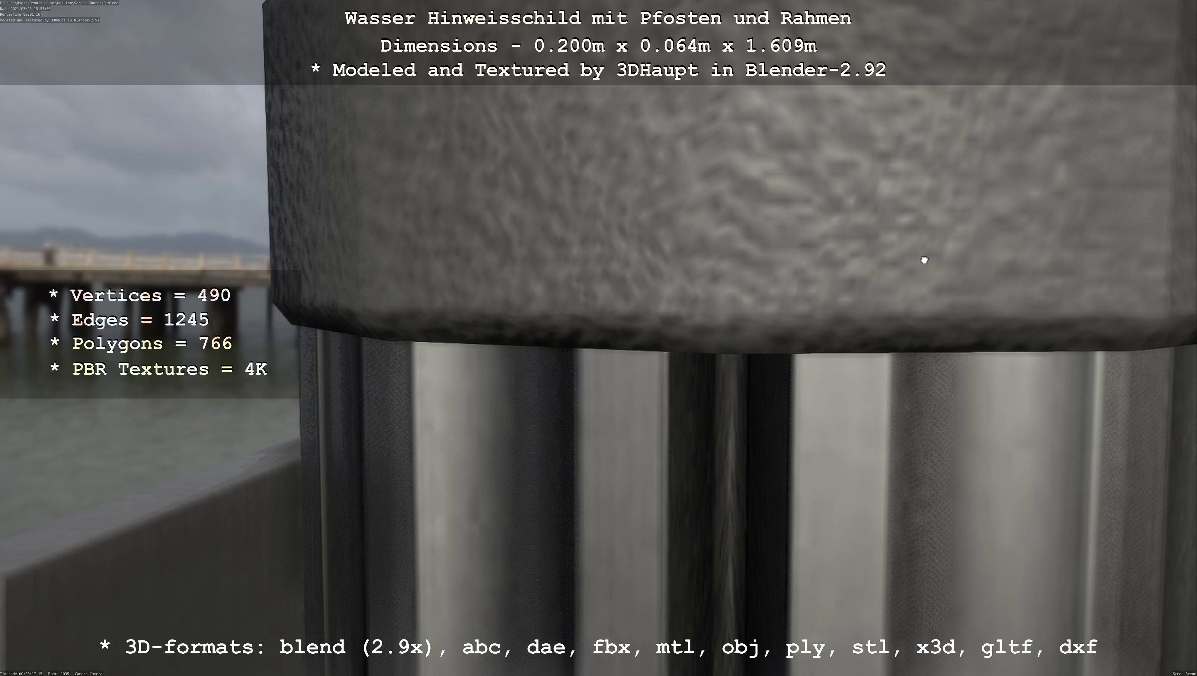 Hinweisschild Wasser mit Pfosten und Rahmen Low-poly 3D model_62